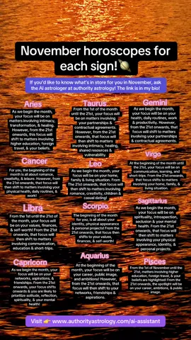 November Horoscopes For each sign! Click the link in my bio or visit authorityastrology to consult with their AI astrologer! #november #horoscope #fyp #astrology #fypシ @Authority Astrology 