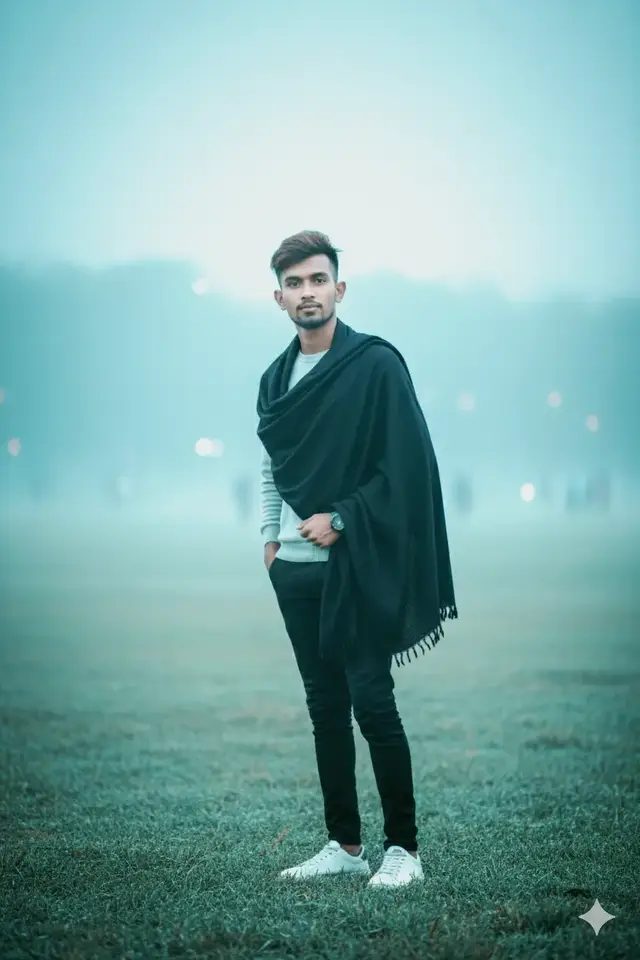 A foggy, grassy field on a moody morning. He is draped in a black shawl or cape over a light grey sweater and black trousers. One hand is casually in his pocket, and the other is holding the edge of the shawl. The man has a confident and composed expression. The background is softly blurred with a beautiful bokeh effect and a mysterious, cool blue-green tint from the fog and environment. Captured with a low-angle DSLR shot, featuring a shallow depth of field and professional color grading. Detailed Description (Keywords/Details): Shot: Full-length portrait, Low-angle shot, Cinematic, Editorial. Subject: Young man, Stylish, Confident posture, Black shawl/cape, Light grey sweater, Black fitted trousers, White sneakers, Composed expression. Setting: Foggy morning, Misty green field, Moody atmosphere, Soft natural light, Ethereal mist, Cool blue-gree color palette. Camera/Editing: DSLR photography, 4\text{K} resolution, Bokeh background, Shallow depth of field, High-quality color grading, Ultra-realistic detail.keep my face same 100% same is THIS reference 3,114 51 the