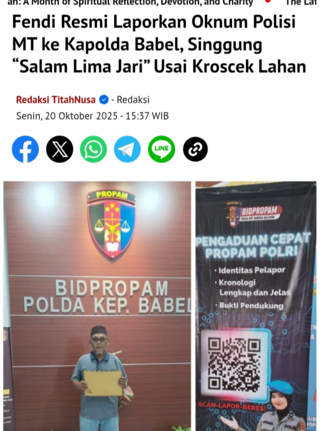 Fendi Resmi Laporkan Oknum Polisi MT ke Kapolda Babel, Singgung “Salam Lima Jari” Usai Kroscek Lahan titahnusa.com — SEORANG warga Pangkalpinang bernama Fendi resmi melaporkan oknum anggota kepolisian berinisial MT ke Kapolda Kepulauan Bangka Belitung (Babel). Laporan yang dilayangkan pada Senin (20/10/2025) itu berkaitan dengan dugaan kriminalisasi dalam penanganan perkara sengketa lahan antara keduanya. Surat pengaduan tersebut ditujukan kepada Kapolda Babel dengan tembusan kepada Propam, Irwasda, dan Direktorat Reserse Kriminal Umum (Ditreskrimum). Dalam laporannya, Fendi menilai penetapan dirinya sebagai tersangka atas laporan MT mencerminkan dugaan penyalahgunaan kewenangan dan proses hukum yang tidak objektif. ￼ Unifying the World Through Soccer: The Global Impact of the World Cup Ramadan: A Month of Spiritual Reflection, Devotion, and Charity The Latest News in R&B Music: A Look at Super Bowl Performances, New Albums, Rising Stars, and Tribute to Aaliyah Exploring the Nutritional Benefits of Fruits in a Healthy and Balanced Diet Wednesday Addams Musim Pertama | Teaser Resmi | Netflix Unifying the World Through Soccer: The Global Impact of the World Cup Ramadan: A Month of Spiritual Reflection, Devotion, and Charity The Latest News in R&B Music: A Look at Super Bowl Performances, New Albums, Rising Stars, and Tribute to Aaliyah Exploring the Nutritional Benefits of Fruits in a Healthy and Balanced Diet Wednesday Addams Musim Pertama | Teaser Resmi | Netflix Home / Bangka Belitung / Daerah / Hukum / Peristiwa / Polri Fendi Resmi Laporkan Oknum Polisi MT ke Kapolda Babel, Singgung “Salam Lima Jari” Usai Kroscek Lahan Redaksi TitahNusa  - Redaksi Senin, 20 Oktober 2025 - 15:37 WIB ￼ ￼ ￼ ￼ ￼ ￼ ￼ PANGKALPINANG | titahnusa.com — SEORANG warga Pangkalpinang bernama Fendi resmi melaporkan oknum anggota kepolisian berinisial MT ke Kapolda Kepulauan Bangka Belitung (Babel). Laporan yang dilayangkan pada Senin (20/10/2025) itu berkaitan dengan dugaan kriminalisasi dalam penanganan perkara sengketa lahan antara keduanya. Dalam laporannya, Fendi menilai penetapan dirinya sebagai tersangka atas laporan MT mencerminkan dugaan penyalahgunaan kewenangan dan proses hukum yang tidak objektif. Awal Persoalan: Tanah yang Diakui “Tidak Ada Fisiknya” Kasus ini bermula dari jual beli sebidang tanah di Kelurahan Selindung, Pangkalpinang, pada tahun 2021, antara Fendi dan MT. Beberapa waktu kemudian, MT mengaku bahwa tanah yang dibelinya tidak memiliki fisik, dan melaporkan Fendi ke kepolisian atas dugaan penipuan dan penggelapan. Fendi membantah tudingan itu. Ia menegaskan bahwa tanah yang diperjualbelikan memiliki fisik dan dokumen yang sah. Bahkan, proses kroscek lapangan pernah dilakukan bersama para saksi, pihak kelurahan dan penyidik Polda Babel.  “Padahal sudah dicek bersama di lapangan, tanahnya ada, suratnya juga ada. Bahkan surat tanahnya sudah di tangan MT. Tapi saya justru dilaporkan dan ditetapkan tersangka,” ujar Fendi kepada wartawan, Senin (20/10). Lurah Selindung, Musyadi, disebut turut hadir saat pengecekan, dan menegaskan bahwa objek tanah tersebut benar-benar ada secara fisik di lokasi dan Lurah Selindung saat itu pernah menawarkan kepada MT mau uangnya dikembalikan atau ambil tanah, dan saat itu MT memilih ambil tanah saja, terang Pak Lurah pada konfirmasi sebelumnya. Setelah Kroscek Lapangan, Muncul “Salam Lima Jari” Fendi mengisahkan, sehari setelah kroscek lapangan dilakukan bersama aparat, ia mendapat panggilan dari penyidik kepolisian untuk datang ke kantor. Saat itu, ia sempat bertanya apakah perkara tersebut sudah selesai setelah dilakukan pemeriksaan di lapangan. “Saya sempat tanya ke penyidik, apakah setelah kroscek kemarin perkara ini sudah selesai. *Selengkapnya baca di website titahnusa.com atau klik link yang ada di Bio #sengketatanah #propampoldababel #oknumpolisi  #peristiwa #keadilan 