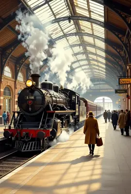 A vintage train station with travelers #fypage #travel #fyp #treanding #train 
