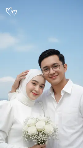 Gatel banget kalau nemu prompt. 🫣 Yuk, cobain prompt nya bareng pasangan kalian. . Prompt:Buatlah foto ini tanpa mengubah wajah sedikitpun, menjadi Sebuah foto candid pasangan muda yang bahagia dan romantis, kemungkinan sedang dalam sesi pre-wedding atau merayakan hari jadi.  Wanita di sebelah kiri mengenakan gaun putih dengan lengan puff, hijab pashmina putih, dan dia memiliki senyum manis dengan rona pipi alami. Dia memegang buket bunga mawar putih dan baby's breath yang indah di tangan kirinya. Pria mengenakan kemeja putih kasual yang sedikit terbuka di bagian kerah, dan dia memakai kacamata bulat. Pria yang merangkul bahu wanita, dan wanita menyenderkan kepalanya ke pria, Keduanya tersenyum tipis ke depan. Latar belakangnya langit biru cerah dengan beberapa awan putih yg tersebar, memberikan kesan cerah dan lapang. Pencahayaan alami yg lembut menonjolkan fitur wajah dan menciptakan suasana yg hangat dan penuh cinta.foto terlihat profesional dengan fokus yang tajam pda pasangan bokeh lembut di latar belakang. #capcut #gemini #prompt #fypシ゚viral🖤tiktok☆♡ 