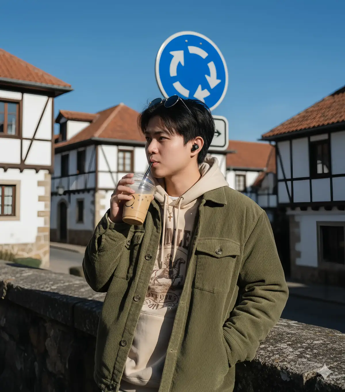 panasssssss 🫠 PROMPT : A full-leght, street-style portrait of a young, attractive Asian man [reference man on the photo] leaning against a low, old stone wall or brick barrier in a European town square or street. He has dark, slightly messy hair and is wearing round sunglasses perched on top of his head. He is looking off to the side while drinking an iced coffee or dark beverage through a straw. He is wearing a large, dark brown or olive-colored jacket (possibly corduroy or suede) with a collar, over a light beige or cream hoodie featuring a distinctive vintage graphic print of a horse and rider. He is also wearing a gold chain necklace with a cross pendant and black wireless earbuds. The background features charming, traditional European architecture: white and cream-colored buildings with dark trim, terracotta roofs, and small windows. A blue circular road sign (likely indicating a roundabout and other road rules) is prominently displayed behind him. The lighting is bright, natural daylight, creating a sharp, high-contrast, and casual travel aesthetic. #googleai #chatgpt #potoai #dreaminaai #Gemini 