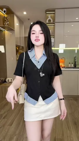 Áo thun phối cổ sơ mi kẻ xinh siu hot #aophongnu #aoxinh #aodieu  #aothun #aothunxinh 