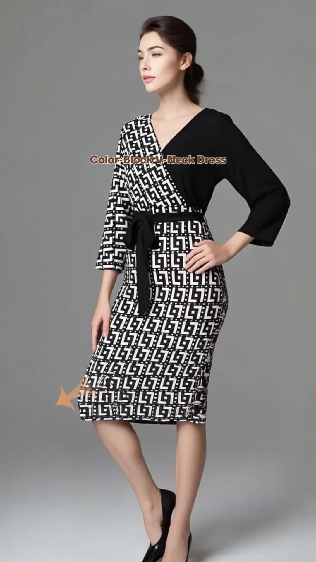 Fashionable patchwork color-blocking printed women's dress with a V-neck and elegant women's matching belt #womenstwopiecesets #patchworkdress #women2pieceset #cheetahprintdress #เสื้อผ้าผู้หญิง #72stylesinfinitydress #womenstwopieceset #fashionnovajumpsuit #printeddress #blackwomenoutfits