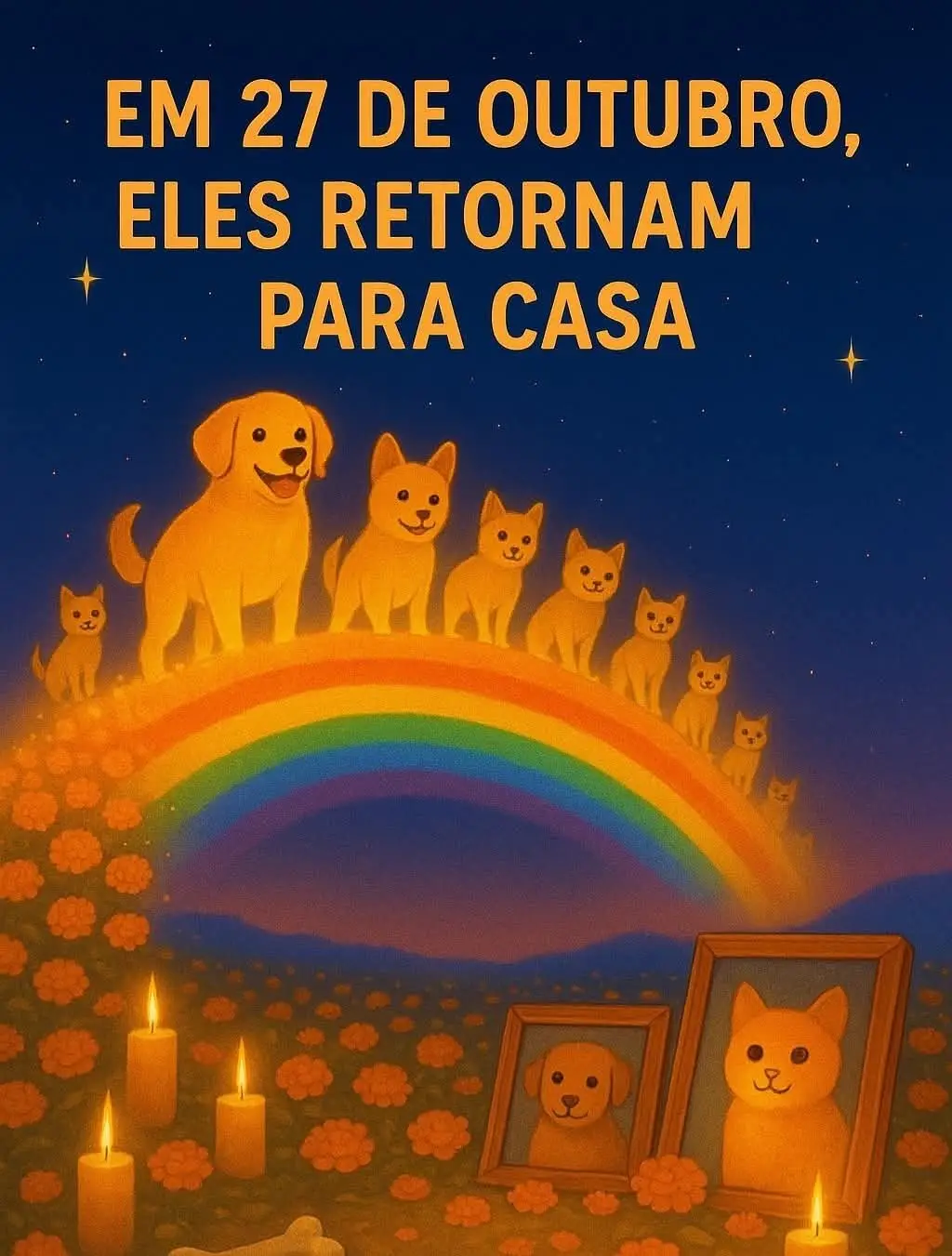 27 de outubro não é um dia qualquer... 💝  É o dia em que nossos filhos de quatro patas cruzam a Ponte do Arco-Íris para nos visitar 🌈, segundo a tradição do Día de Muertos. Dizem que eles voltam guiados pela luz das velas 🕯️ e pelo cheiro do Cempasúchil—a flor mexicana que traça o caminho das almas—procurando o aconchego do lar onde conheceram o amor verdadeiro. 🏡 Acenda uma luz. Reserve este tempo e mentalize a alegria do reencontro. ✨ Porque eles também voltam... nem que seja só por uma noite. 🐾❤️ #tarologando #foryou #foryoupage #nix #fyp 