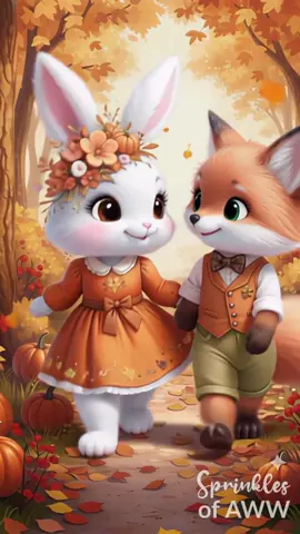 Walking paw in paw, the cutest couple in the autumn forest 🐰🦊 🧡 #fallinlove #cute #romanticvibes 