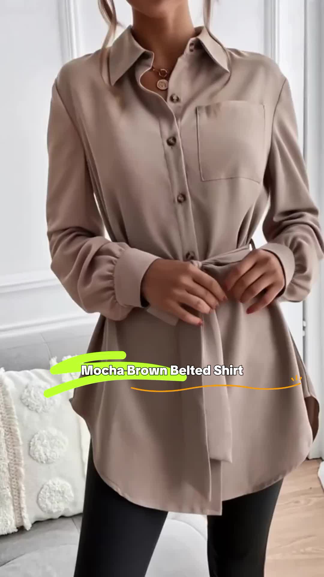 Mocha Brown Long Sleeve Belted Shirt for Women - Solid Button Front Polyester Blouse with Pocket & Collar - Casual Fall Outfit for Office & Daily Wear #blouse #longsleevedress #longsleevetop #blouses #longsleevetops #shirtforwomen #longsleevesforwomen #longshirt #fallblouses #OfficeOutfitIdeas
