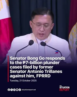 Senator Christopher “Bong” Go stressed that he is neither a thief nor a contractor, after former Senator Antonio Trillanes filled a ₱7-billion plunder case against him and former President Rodrigo Duterte.  In a press conference on Tuesday afternoon, October 1, Go said he exercises delicadeza, or a deep sense of propriety, as a senator. He also presented copies of receipts to the public, which he claimed show that former senator Antonio Trillanes IV was reviving old accusations against him involving his family’s company, CLTG Builders. (Video via Senate PRIB)  #TheSituationReport