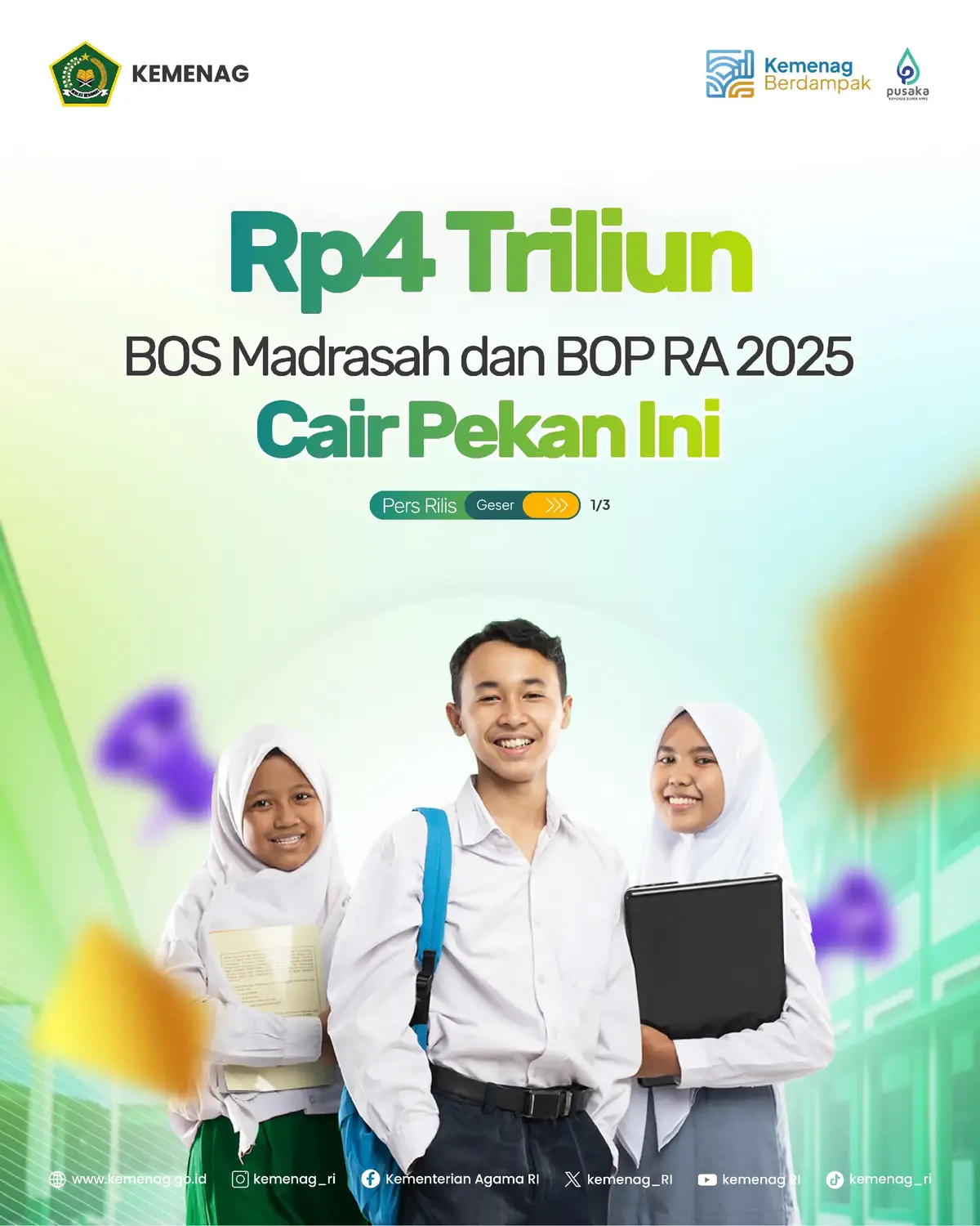 ​Kabar baik bagi dunia pendidikan Islam! Kementerian Agama mulai proses pencairan dana BOS Madrasah dan BOP RA 2025 senilai total Rp 4,01 Triliun pekan ini. ​Menag Nasaruddin Umar menyatakan ini adalah komitmen pemerintah, sesuai arahan Presiden Prabowo Subianto, untuk mewujudkan pendidikan unggul yang mencetak generasi berdaya saing global. ​Menurut Dirjen Pendis Amiin Suyitno, dana ini siap disalurkan ke 81.000 lembaga yang memenuhi syarat. Semoga bermanfaat untuk peningkatan kualitas pendidikan Madrasah dan RA! ​Baca info lengkapnya di website Kemenag atau scan QR code! ​#BOSMadrasah #BOPRA #KemenagRI #Madrasah #PendidikanBermutu 