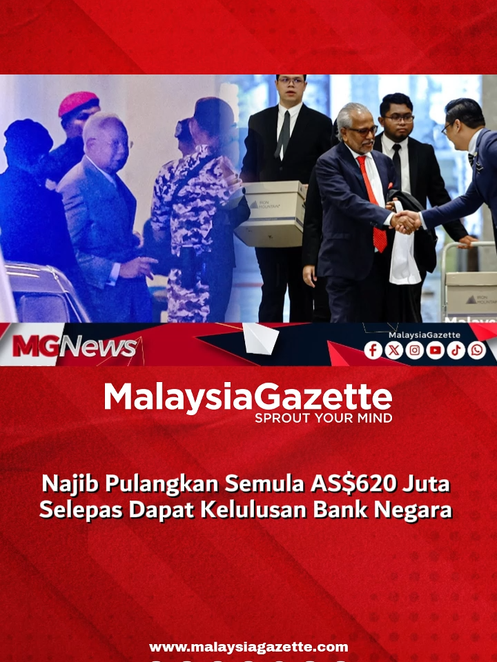 Najib Pulangkan Semula AS$620 Juta Selepas Dapat Kelulusan Bank Negara  Datuk Seri Najib Razak menyifatkan dirinya sebagai satu-satunya ahli politik — atau pengubah wang haram dalam sejarah — yang memulangkan semula wang suapan berjumlah *AS$620 juta* ke akaun asal, selepas mendapat kelulusan rasmi daripada Bank Negara Malaysia.  #malaysiagazette #NajibRazak #1MDB