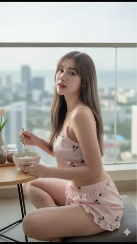 #สร้างภาพ #gemini #aiสร้างภาพ #ai #แจกpromptฟรี ✅ สร้างภาพพอร์ตเทรตสมจริงของหญิงสาว(ใบหน้าเหมือน ต้นฉบับ ห้ามแก้ไข) หุ่นผอมเพรียว ผิวเรียบเนียนไร้ที่ติ หน้าอมชมพูฉ่ำเงา ทรงผม: ผมยาวตรงสีน้ำตาลไฮไลท์เทามีหน้าม้า ยุ่งนิดเหมือนเพิ่งตื่นนอน ชุด:ชุดนอนสายเดี่ยว กางเกงขาสั้นผ้าซาตินสีชมพูอ่อนลายมิกกี้เมาส์แต่งระบายริมเสื้อและกางเกงในตัว กำลัง:นั่งที่พื้นมีเบาะลองนั่งทานข้าวต้มกุ้ง บนโต๊ะญี่ปุ่นทรงกลมมีเครื่องปรุงและแจกันดอกไม้สไตล์มินิมอล สถานที่:บนคอนโดริมระเบียงวิวมีตึกมีทะเล แสงแดดยามเช้าส่องกระทบใบหน้าเล็กน้อย สร้างภาพคมชัดระดับ16K แสงละมุนโฟกัสเน้นที่หญิงสาว ภาพเสมือนจริง ธรรมชาติ โฟกัสหน้าหญิงสาว ขนาด 9:16ถ่ายด้วย DSLR ภาพเห็นเต็มตัวถ่ายด้านข้างเอียงหน้ามองกล้องเล็กน้อย