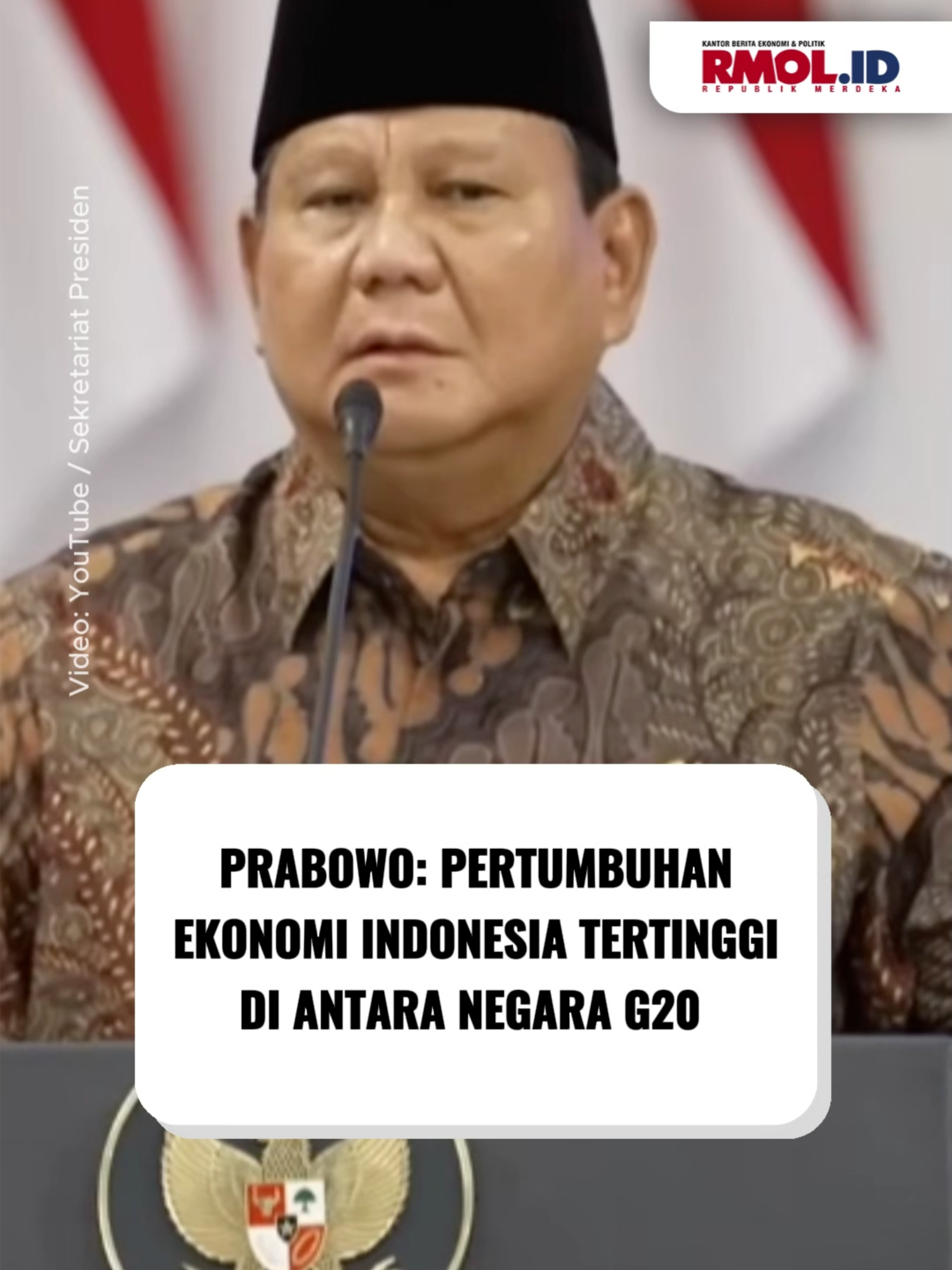 Prabowo: Pertumbuhan Ekonomi Indonesia Tertinggi di Antara Negara G20  Presiden Prabowo Subianto menegaskan pertumbuhan ekonomi Indonesia masih tertinggi di antara negara G20. Dalam Sidang Kabinet Paripurna di Istana Negara, Jakarta, Senin, 20 Oktober 2025, Prabowo mengapresiasi kerja keras seluruh jajaran pemerintah menjaga stabilitas ekonomi di tengah gejolak global. “Alhamdulillah, kita mampu menjaga pertumbuhan ekonomi masih tetap tinggi dibandingkan seluruh dunia. Kita berada di 5 persen, di antara negara G20 kita salah satu yang tertinggi dalam kondisi sekarang,” kata Prabowo. #rmol #rmolid #republikmerdekaonline #presidenprabowo #prabowo #prabowosubianto #menterikabinetmerahputih #ekonomiindonesia #pertumbuhanekonomiindonesia #pertumbuhanekonomi #g20