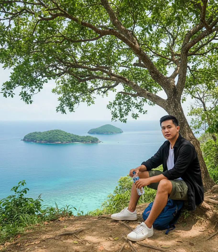 Tutorial edit di GEMINI AI 🫵 1. buka aplikasi Gemini 📲 2. Masukan foto kamu 📸 3. Copy+paste prompt di bawah 👇 ​ PROMPT : Potret 8K ultra realistis. Seorang pria duduk santai di bawah pohon rindang di tepi tebing dengan pemandangan laut biru dan pulau-pulau hijau di kejauhan. Ia mengenakan kaus berwarna putih di lapisi kemaja hitam terbuka, celana cargo army pendek, sepatu olahraga putih, dan membawa ransel biru. sementara ia memegang botol air mineral. Pandangan melihat ke arah kamera.  Cahaya matahari lembut menyinari dedaunan, menciptakan suasana tenang dan menyegarkan khas liburan alam tropis. Gaya: fotografi perjalanan, natural lighting, suasana tropis, resolusi tinggi, tone warna hangat dan alami. 9:16. #GeminiAi #fyp #geminitrend #gemini #promptgemini 