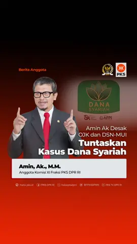 🔸Amin Ak Desak OJK dan DSN-MUI Tuntaskan Kasus Dana Syariah Anggota Komisi XI DPR RI Fraksi PKS, Amin Ak, mendesak OJK dan DSN-MUI segera menuntaskan dugaan pelanggaran fintech Dana Syariah (Danasyariah.id). Ia menyoroti banyaknya laporan investor yang kehilangan dana dan kesulitan menarik modal. “Negara tidak boleh membiarkan rakyat menjadi korban praktik fintech yang tidak transparan. OJK harus melakukan investigasi menyeluruh dan memastikan dana korban dikembalikan,” tegasnya. Amin menilai kasus ini merusak kepercayaan publik terhadap industri fintech syariah yang seharusnya menjunjung amanah dan transparansi. Ia meminta OJK membentuk tim khusus, melakukan audit forensik, serta mempertimbangkan penangguhan sementara aktivitas Dana Syariah hingga hasil audit diumumkan. Selain itu, Amin mendorong Bareskrim Polri dan Kominfo menindak potensi tindak pidana serta akun-akun palsu yang merugikan masyarakat. “Kasus Dana Syariah adalah ujian moral bagi industri keuangan syariah. DPR RI akan mengawal agar hak-hak korban dipulihkan dan pelaku dijatuhi sanksi hukum,” pungkasnya. #fraksipksdprri  #PKSpembelaRakyat  #PKS 
