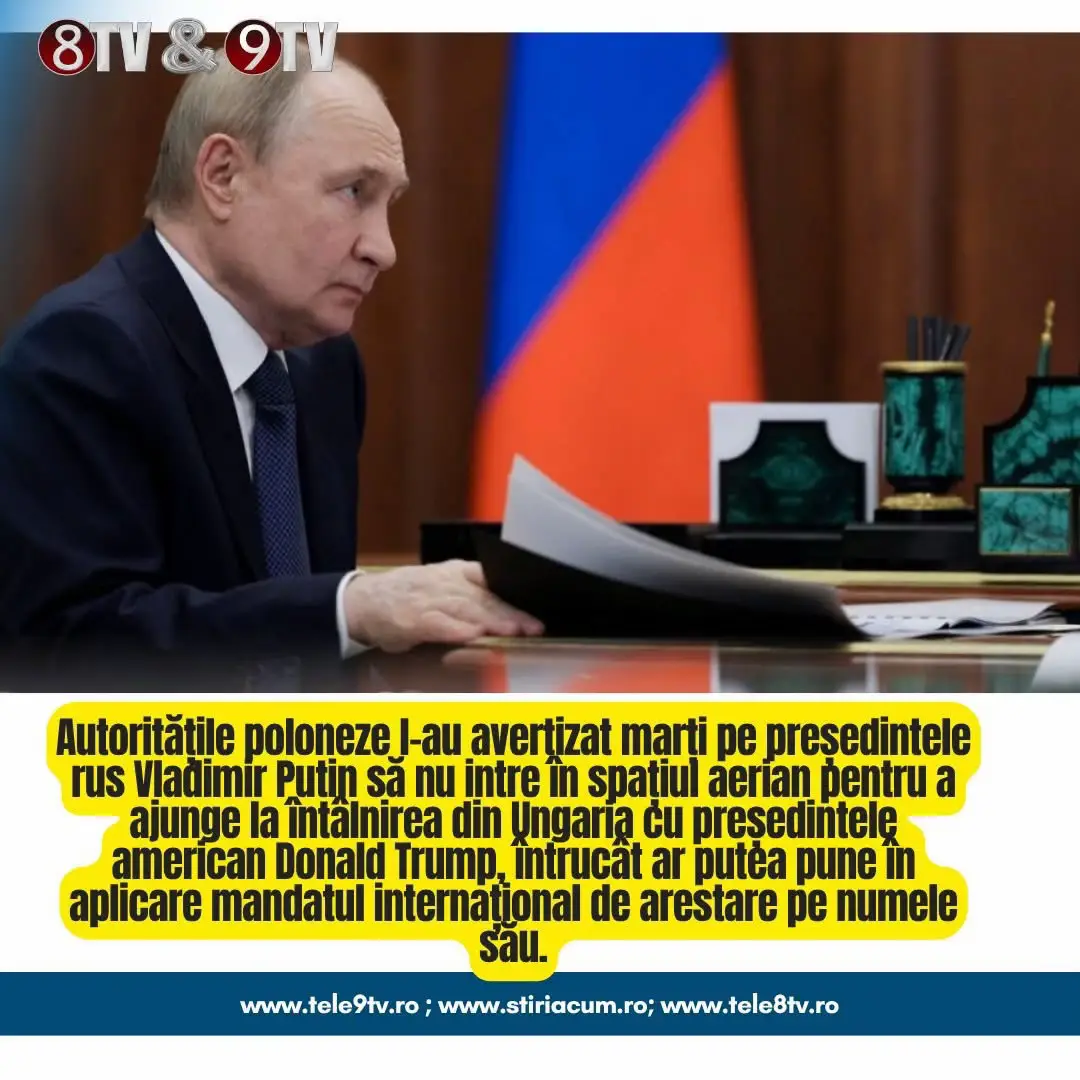 Autoritățile poloneze l-au avertizat marți pe președintele rus Vladimir Putin să nu intre în spațiul aerian pentru a ajunge la întâlnirea din Ungaria cu președintele american Donald Trump, întrucât ar putea pune în aplicare mandatul internațional de arestare pe numele său. #PutinVladimir #tele9tv #tele8tv 