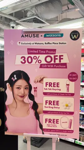 Catch us at Watsons, Raffles Place Station to snag all these goodies!! ✨ 30% OFF all AMUSE products (excl. NPD) 💕 10% OFF AMUSE NEW Products! customers! 🛒 Spend $50 in a single receipt to redeem a Bebe Tint Mini & Glossy Pouch ✨ Free Tint Ring Daisy with any purchase of Lip Tint 💋 Free Tok Tok Keyring with purchase of Cheek Tok Tok 🗓️ Now till 25 Oct #AMUSE #Kbeauty #Promotion #AMUSEsg #Wonyoung 
