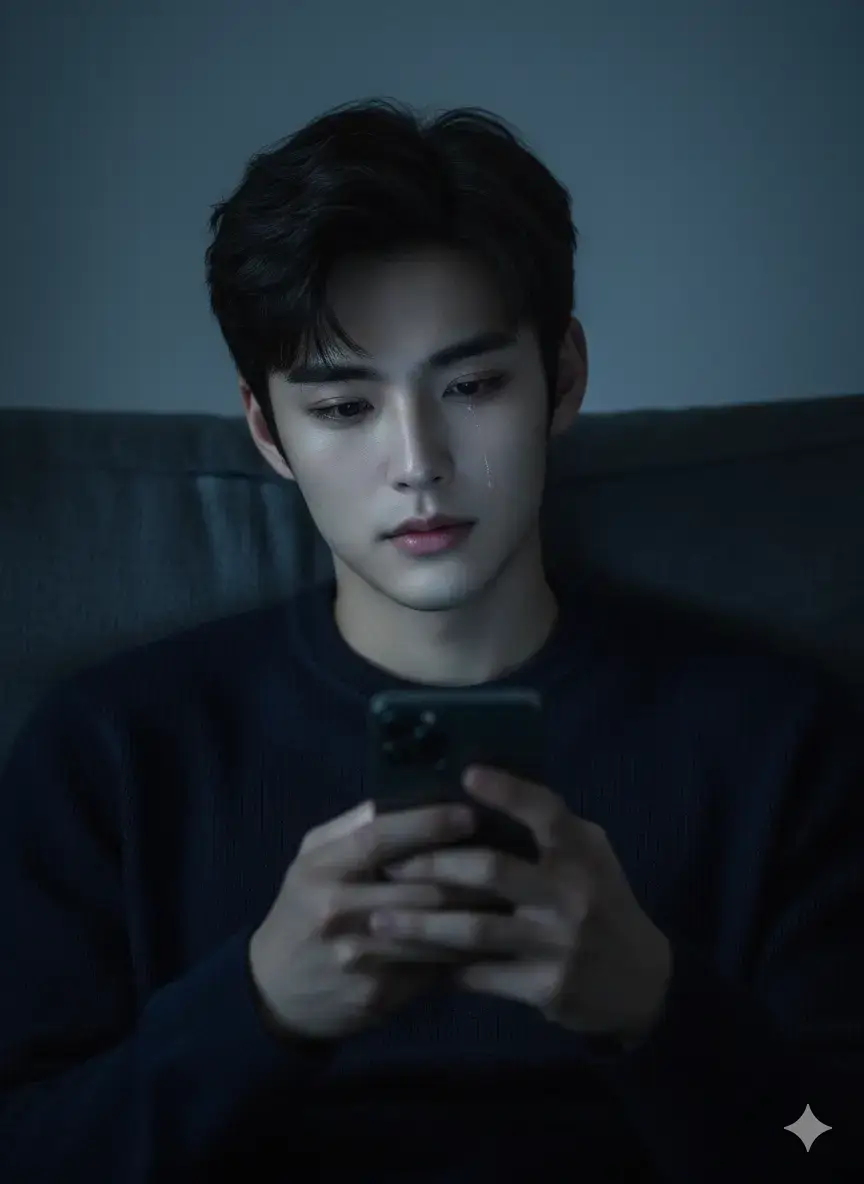 1. Open Gemini 📲 2. Upload photo:📸 3. Paste reminder:👇 Keep all the facial features exactly as in the uploaded image. An ultra-sharp 8K studio portrait of a handsome young East Asian man. Setting: a dark room with almost no light, illuminated only by the faint glow of a phone screen. The man has dark, naturally tidy hair and is wearing a deep navy blue sweater. He leans his head back against a dark gray sofa, holding a phone in his hand. The light from the screen softly reflects on his face. He stares intently at the phone as a single tear rolls down his cheek. The overall atmosphere is cold and somber, with muted blue-gray tones and dim, moody lighting. The camera angle is from the front, slightly tilted to the left to emphasize his facial expression — a mix of loneliness and quiet melancholy. High contrast lighting highlights the details of his skin, hair, and the tear.#aisieu #aiart #photo #gemini #fyp 