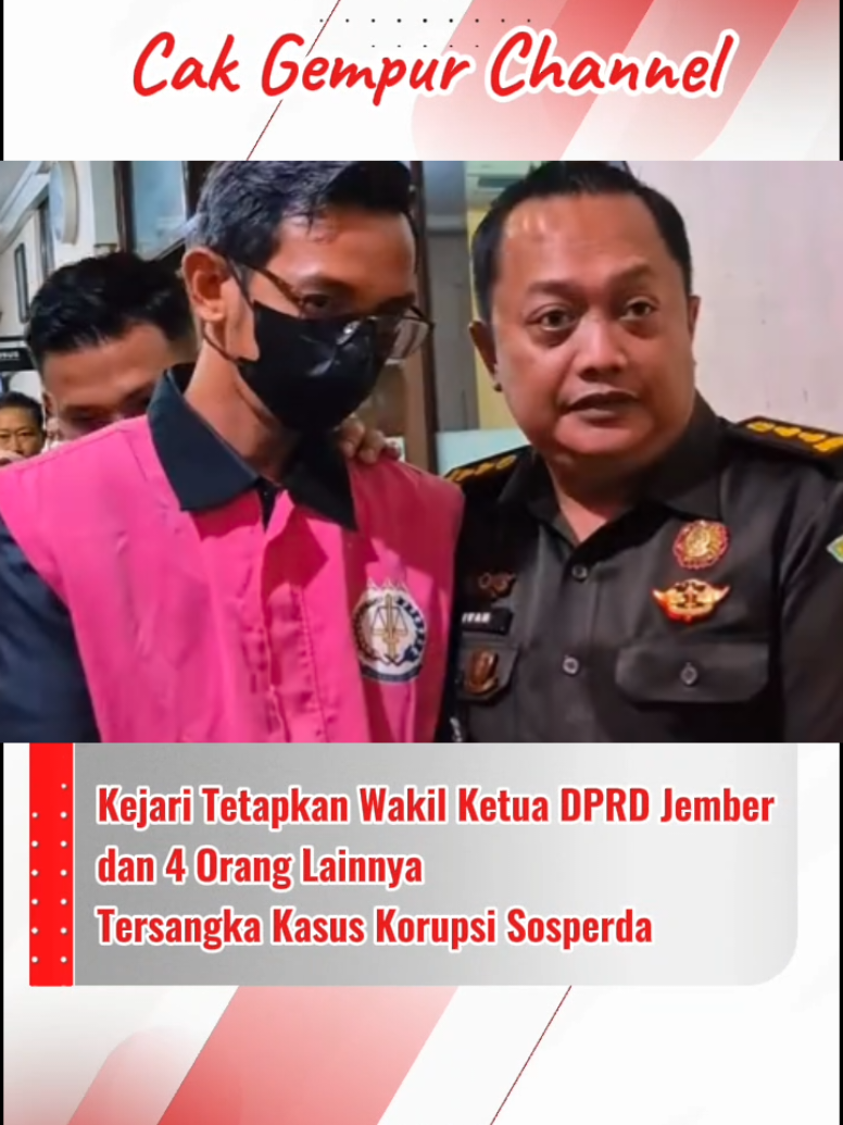 Kejari Jember Senin malam, 20 Oktober 2025 resmi menetapkan Wakil Ketua DPRD dan empat Lainnya Sebagai Tersangka Korupsi Sosperda hingga Miliaran Rupiah! Kelima tersangka tersebut berinisial DDS, YQ, A, RAR, dan SR. Mereka diduga kuat memiliki peran sentral dalam skema korupsi yang terjadi. Para tersangka diduga terlibat secara langsung dalam proses pengadaan makan dan minum. Pengadaan ini merupakan bagian dari kegiatan Sosialisasi Rancangan Peraturan Daerah (Sosraperda) DPRD Jember tahun anggaran 2023/2024. #dprdjember  #korupsi  #news  #viral  #fypシ゚ 