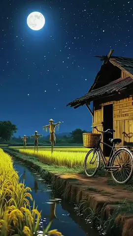 Di bawah cahaya bulan purnama, sawah pun bersinar... 🌾🌙 Suasana tenang yang bikin rindu kampung halaman 🍃🚲 #malamtenang #nightvibes #pedesaan #sawahindah #pyf 