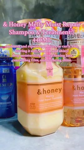 The & Honey Melty Moist Repair Shampoo and Treatment set hydrates and repairs dry, frizzy, or curly hair, leaving it soft, smooth, and shiny. Its key benefits include deep moisturizing from honey and other natural ingredients, strengthening hair, controlling frizz, and restoring shine. To use, shampoo your wet hair, rinse, and then apply the treatment to damp hair, leave it on for a few minutes, and rinse thoroughly.  #fyp #andhoney #melty #japanproducts #legit 