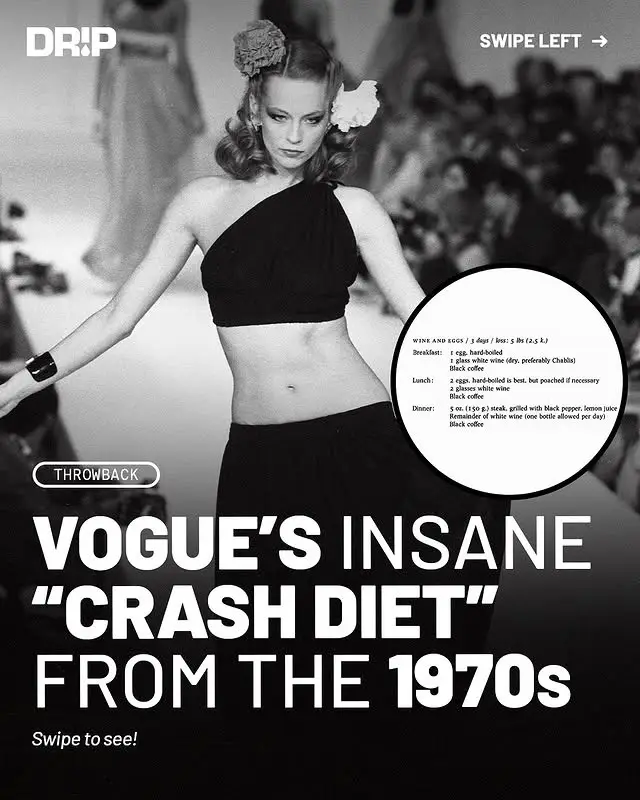 In 1977, Vogue featured a controversial short-term diet claiming you could lose around five pounds in three days, built on a regimen of mostly eggs, wine, and black coffee. #vogue #model #runwaymodel #fashiontok #voguemagazine #hypebeast 