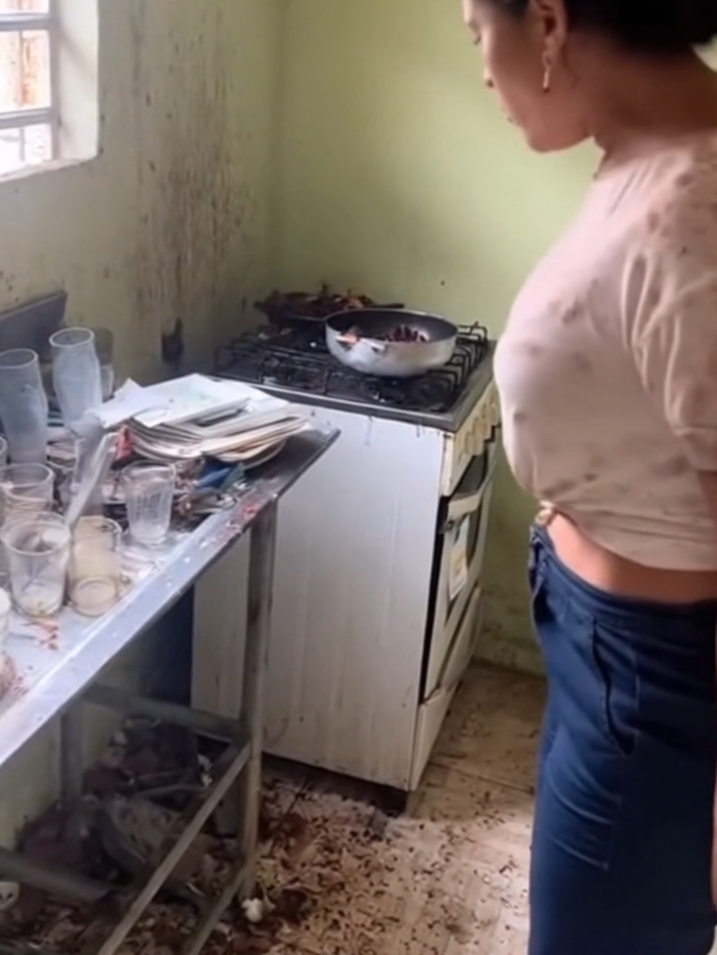 cozinha muito suja com pratos e copos sujos na pia e restos de comida no chão #sora2