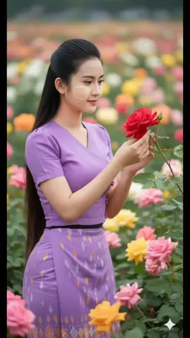 #မင်္ဂလာညချမ်းလေးပါရှင်🌌 Create a young woman's image (the person in the uploaded picture), keep the face like a 100% uploaded picture in the studio, wear a fushia soft pink  dress with a drain on the chest, look cute, bright, Her long, silky black hair flows down freely to her thights, adorned with a pink rose tucked on the side.  have 1 light pink rose attached , strapped hair, cream background scene, she sits behind a white table, have several pink roses placed on the table, one hand of her holding a large single pink roses. Close-up, half-body, sharp-touching skin. The sunlight shone on her face and skin. Canon EOS R5 Camera 85mm f / 1.4 Lens, f / 1.4 Aperture