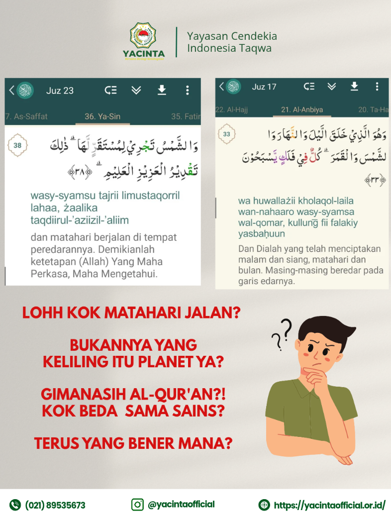 Pernah bingung kenapa di Al-Qur'an (QS. Yasin: 38 dan Al-Anbiya': 33) disebut Matahari itu BEREDAR atau BERJALAN? Padahal, yang kita tahu tuh Planet yang mengelilingi Matahari🤔  Tapi, ternyata sains modern justru mengkonfirmasi kebenaran ini lho! Jadi begini, matahari memang pusat tata surya kita, tapi ia sendiri tidak diam, melainkan bergerak sangat cepat (sekitar 720.000 km/jam) bersama seluruh planet di dalamnya, mengorbit pada pusat Galaksi Bima Sakti dalam sebuah perjalanan raksasa yang membutuhkan waktu hingga 250 juta tahun untuk sekali putaran penuh!  Jadi, baik Al-Qur'an maupun Astronomi modern sepakat: Matahari benar-benar bergerak, membuktikan bahwa ilmu dan wahyu bisa saling melengkapi dan membuat kita makin takjub pada keagungan semesta! Wah!🤯 Maha Benar Allah dan firman-Nya🤲💫 #fyp #edukasitiktok #sains  #alquran #matahari 