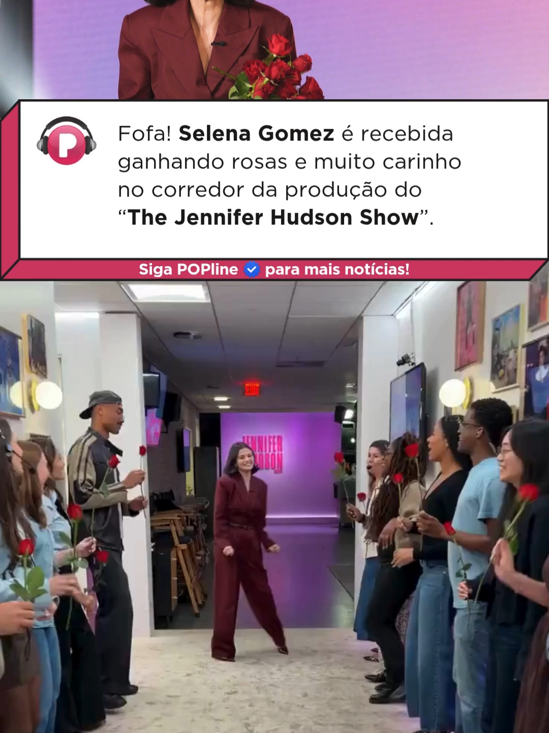 Os convidados do programa de TV de Jennifer Hudson recebem um carinho especial da produção em uma espécie de “corredor do amor”, e não poderia ser diferente com Selena Gomez. Recém-casada e vivendo uma ótima fase, ela aparece só sorrisos! Veja o vídeo. Vídeo: @jenniferhudsonshow