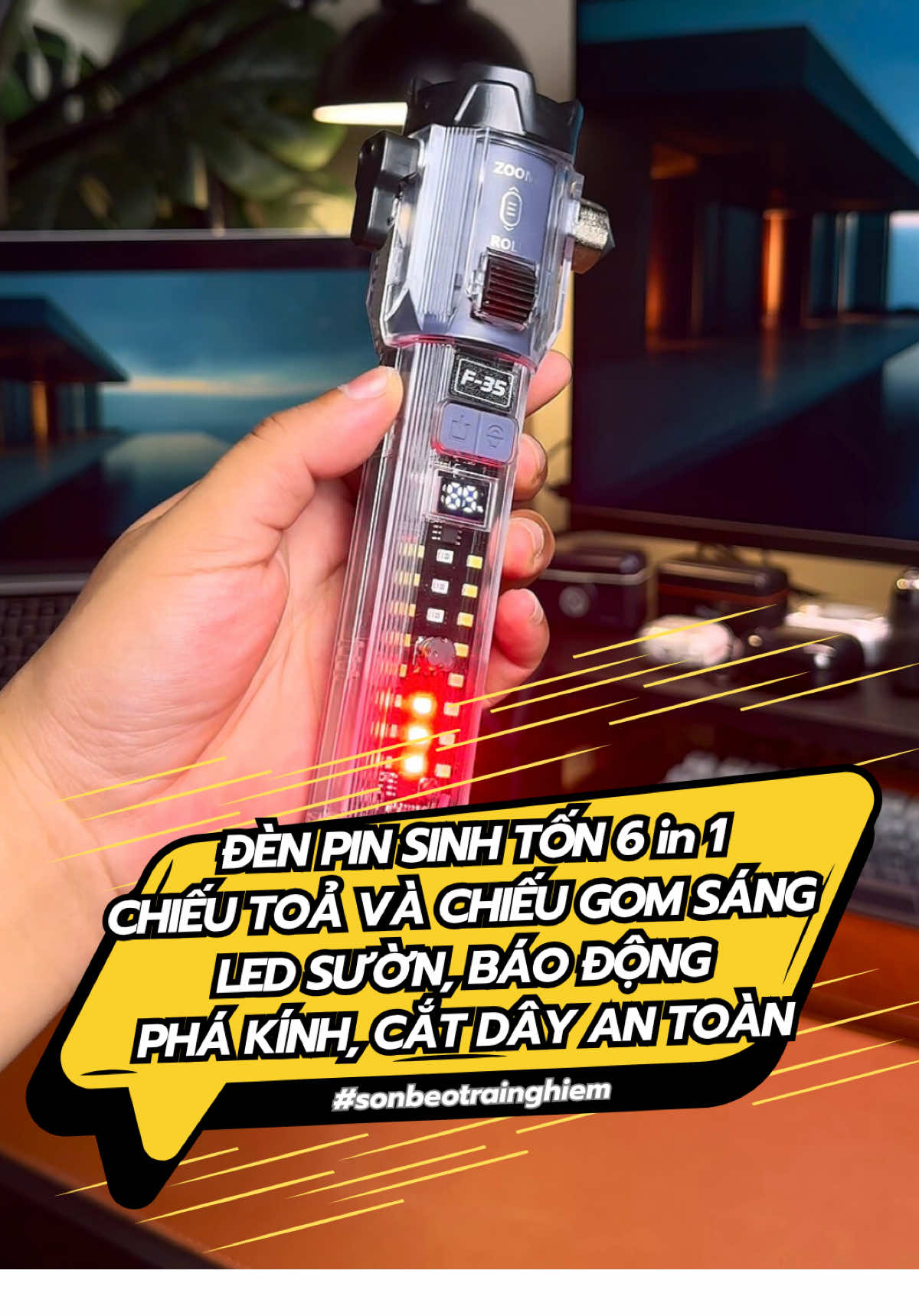 Quá nhiều chức năng và công năng sử dụng trong con đèn này. Soi ánh sáng toả, ánh sáng tập chung và nháy flash. Led sườn 2 nấc gắn nam châm chiếu sáng. Led cảnh báo, báo động kèm tiếng còi inh ỏi. Dụng cụ phá kính và cắt dây. Quá ngon. #sonbeotrainghiem #denpindanang #denpinsoiech #denpincamtay 
