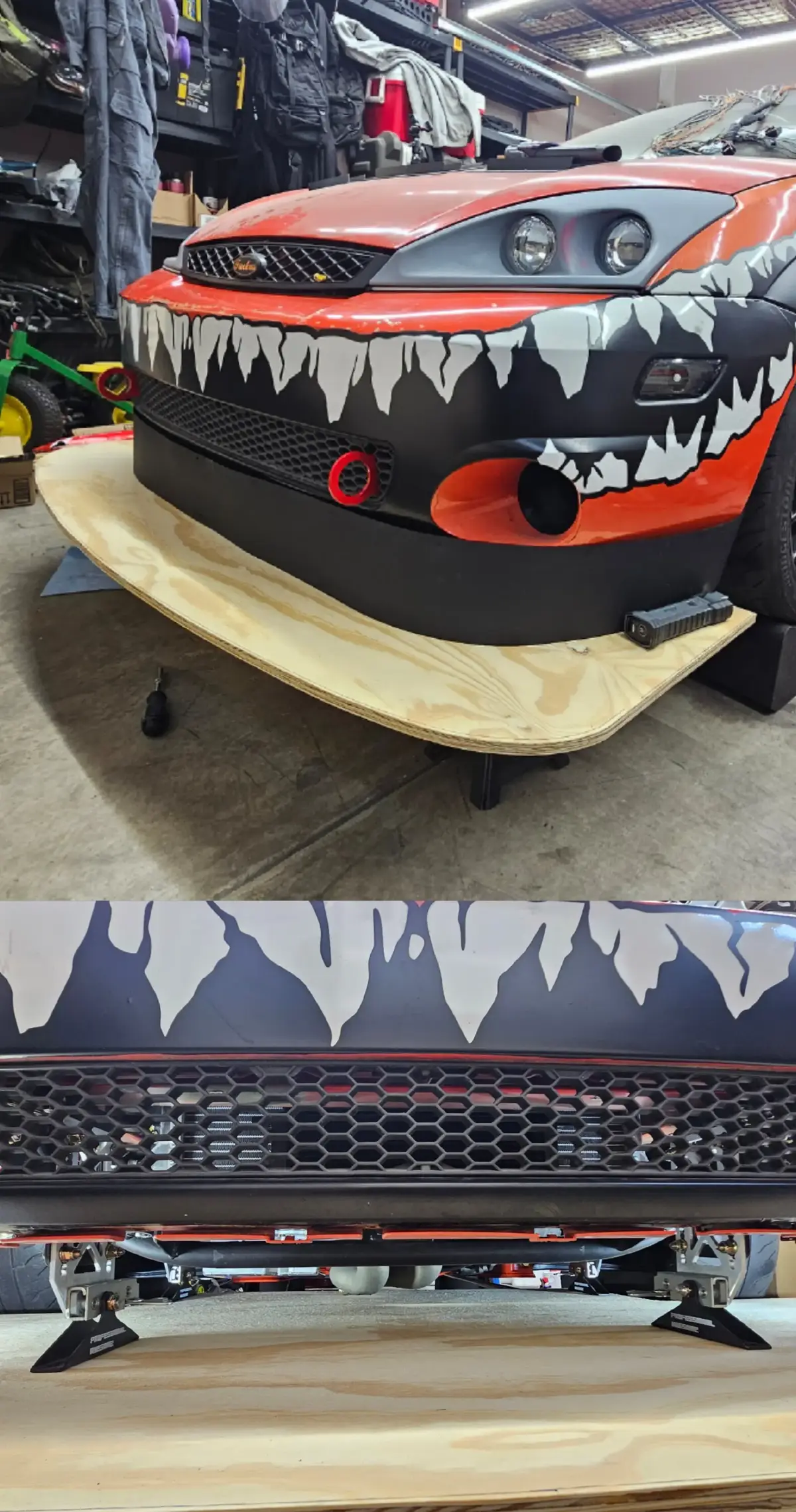 I can't begin to describe the feeling of satisfaction this image gives me. Seeing the front aero finally coming together and everything lining up as designed has been something else.  The splitter just needs to have it's edges trimmed back a bit to the traced line, the bottom leading edge needs to be rounded with a router, and the quick release mounts installed. I have some self leveling lasers coming to make extra sure the holes go in the right spots the first time and that the splitter itself aligns to the body as intended and doesn't protrude past the fender edges. Also probably going to incorporate some plates under the mounts to spread the load over a wider area of the splitter body.  Once it's mounted up fully the air dam will be put in place and I'll see about a heat shield for under the header/exhaust and a coat of sealer and paint.  After the splitter is fully complete ill just have the new engine loom and the sunroof plug left before it can hit a track again. I'll also be scanning the underbelly and rocker panels to start work on side skirts and flat bottom stuff 👀