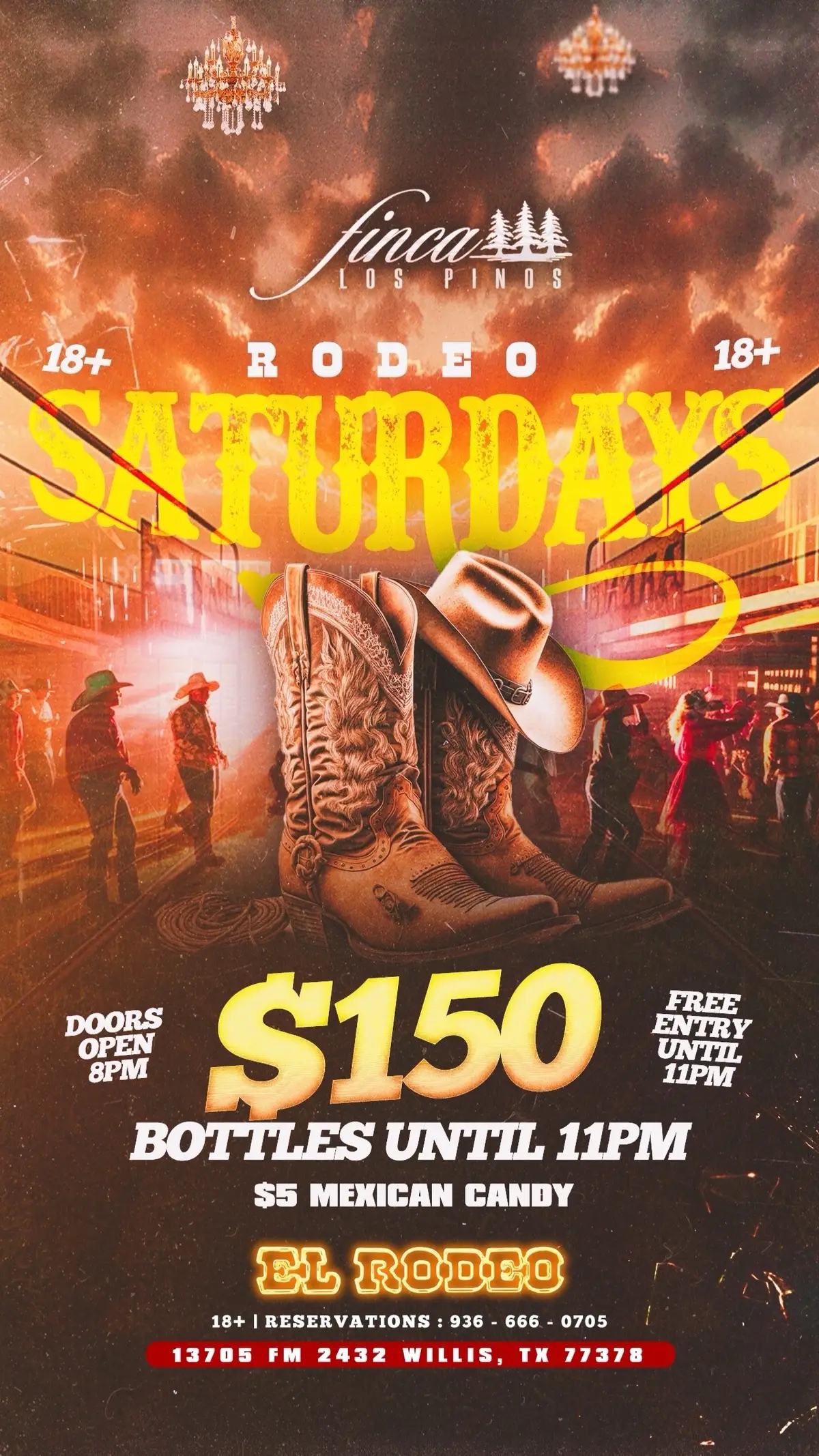 🎉🔥 GRAND OPENING WEEKEND NOV 1st!🔥🎉 🚨 FINCA LOS PINOS – Willis, TX 🚨 The #1 Weekend Day/Night Club & Concert Center is here! 🗓️ Kicking off NOVEMBER 1st with our ALL NEW… 🐂 RODEO SATURDAYS! 🐂 It’s gonna be WILD! 🎶 Doors open at 8PM 🍾 $150 Bottles till 11PM 🎟️ FREE ENTRY till 11PM 🔞 18+ to party | 21+ to drink 💥 Non-stop music, rodeo vibes, party lights, and the hottest crowd in Texas! 📞 RESERVE YOUR VIP NOW: 936-666-0705 Tag your crew — You DON’T want to miss this! 📍 FINCA LOS PINOS – WILLIS, TX 