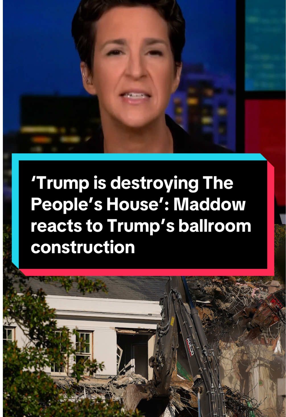 Construction on President Donald Trump's new White House ballroom is underway. Trump had previously said the new ballroom wouldn't impact the existing White House structure, saying in July, “It won’t interfere with the current building… It’ll be near it but not touching it — and pays total respect to the existing building, which I’m the biggest fan of.” Rachel Maddow on @The Rachel Maddow Show reacts saying, “as soon as he said that, we should have imagined him rolling the backhoes up to the White House to start literally ripping it down.” #news  #trump  #washington 
