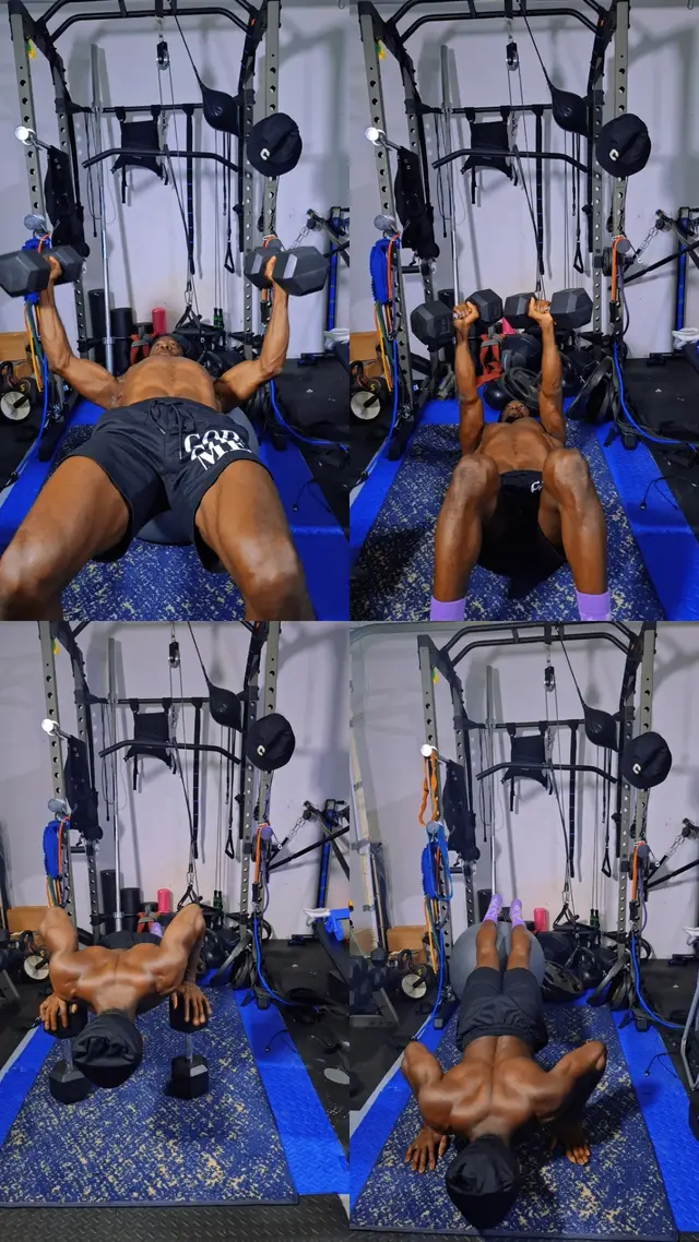 🏋️‍♂️ Workout routine: Floor dumbbell press 3x15 inclined exercise ball dumbbell flyes 3x12 decline/incline push ups 5x15 #bodybymightyfit🇯🇲 #Fyp #Fitness #Affirmation 