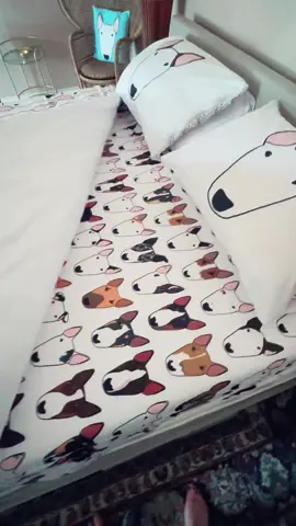 No dogs on the bed!!  Unless it’s these ones…  Find it on www.emilydevine.co.uk #emilydevineart #bullterrier #bullterrierbed #bullterrierbedding #englishbullterrier 