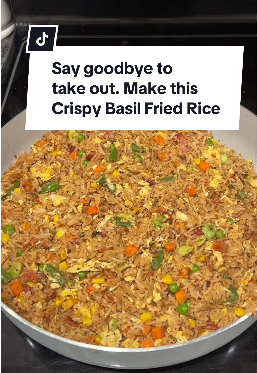 Take out won’t ever be the same once you make this incredible, crisply Basil fried rice. #friedrice #homemade #takeoutfood #fyp #basil 