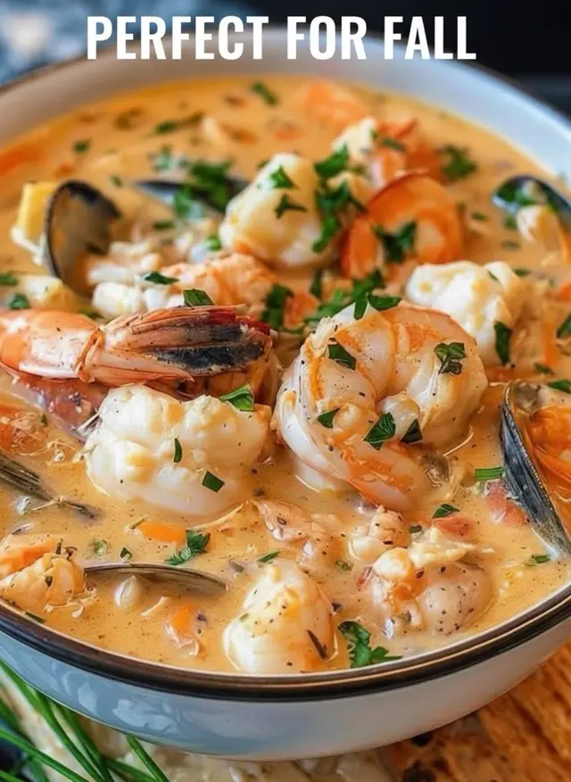 Cozy seafood chowder coming in hot: shrimp, crab, tender potatoes, and veggies in a creamy, flavor-packed broth. Perfect for chilly nights. Ingredients - 4 tbsp butter - 1 medium onion, diced - 2 celery stalks, diced - 2 medium carrots, diced - 3 garlic cloves, minced - 4 medium potatoes, peeled & diced - 4 cups seafood stock (or chicken stock) - 1 bay leaf - 1 tsp Old Bay seasoning (or Cajun seasoning) - 1 cup heavy cream - 1 cup whole milk - ½ lb (225g) shrimp, peeled & deveined - ½ lb (225g) lump crab meat - 1 cup corn kernels (fresh or frozen) - Salt & black pepper, to taste - Fresh parsley, chopped (for garnish) - Lemon wedges (for serving, optional) Let’s cook 1) Aromatics: Melt butter in a large pot over medium. Add onion, celery, and carrots; cook about 5 min until soft. Stir in garlic for 1 min. 2) Base: Add potatoes, stock, bay leaf, and Old Bay. Bring to a boil, then simmer until potatoes are tender, 12–15 min. 3) Creamy: Stir in heavy cream, milk, and corn. Simmer gently 5 min—don’t let it boil. 4) Seafood: Add shrimp and crab. Cook 3–4 min until shrimp turn pink and opaque. Season with salt and pepper; remove the bay leaf. 5) Serve: Ladle into bowls, top with parsley, and add lemon wedges + crusty bread. Prep: 15 min Cook: 30 min Serves: 6 I’m saving this to Ravioli AI—the recipe organizer that keeps all your favorite recipes from TikTok and other socials in one place. Find it in the App Store by searching 