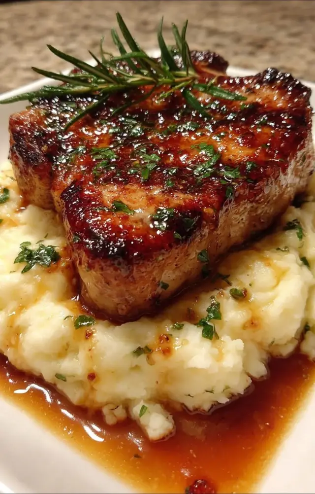 🛒 Ingredients: For the Pork Chops: 4 boneless pork chops (about 1 inch thick) 2 tablespoons butter 1 tablespoon olive oil 4 garlic cloves, minced 1 teaspoon dried thyme Salt and pepper to taste Fresh parsley, chopped (for garnish) For the Mashed Potatoes: 4 large potatoes, peeled and cubed 4 tablespoons butter 1/2 cup milk (warm) Salt and pepper to taste 👩‍🍳 Directions: Preheat a large skillet over medium heat. Prepare the mashed potatoes: Boil the cubed potatoes in salted water for 15–20 minutes or until fork-tender. Drain and mash with butter, warm milk, salt, and pepper. Set aside and keep warm. Season the pork chops with salt, pepper, and thyme on both sides. Cook: In the hot skillet, heat olive oil and butter. Add the pork chops and cook 4–5 minutes per side until golden and cooked through. Add minced garlic in the last 2 minutes and spoon the garlic butter over the chops. Assemble: Plate the mashed potatoes, top with juicy pork chops, and drizzle with the garlic butter from the pan. Garnish and serve with chopped parsley. Comfort food at its best!