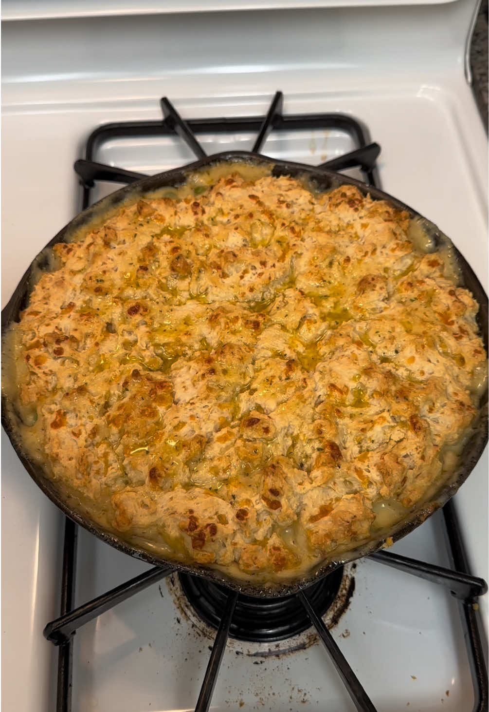 Homemade chicken pot pie topped with a cheddar biscuit 🥰 #chickenpotpie #redlobster #comfortfood #foryoupage #potpie 