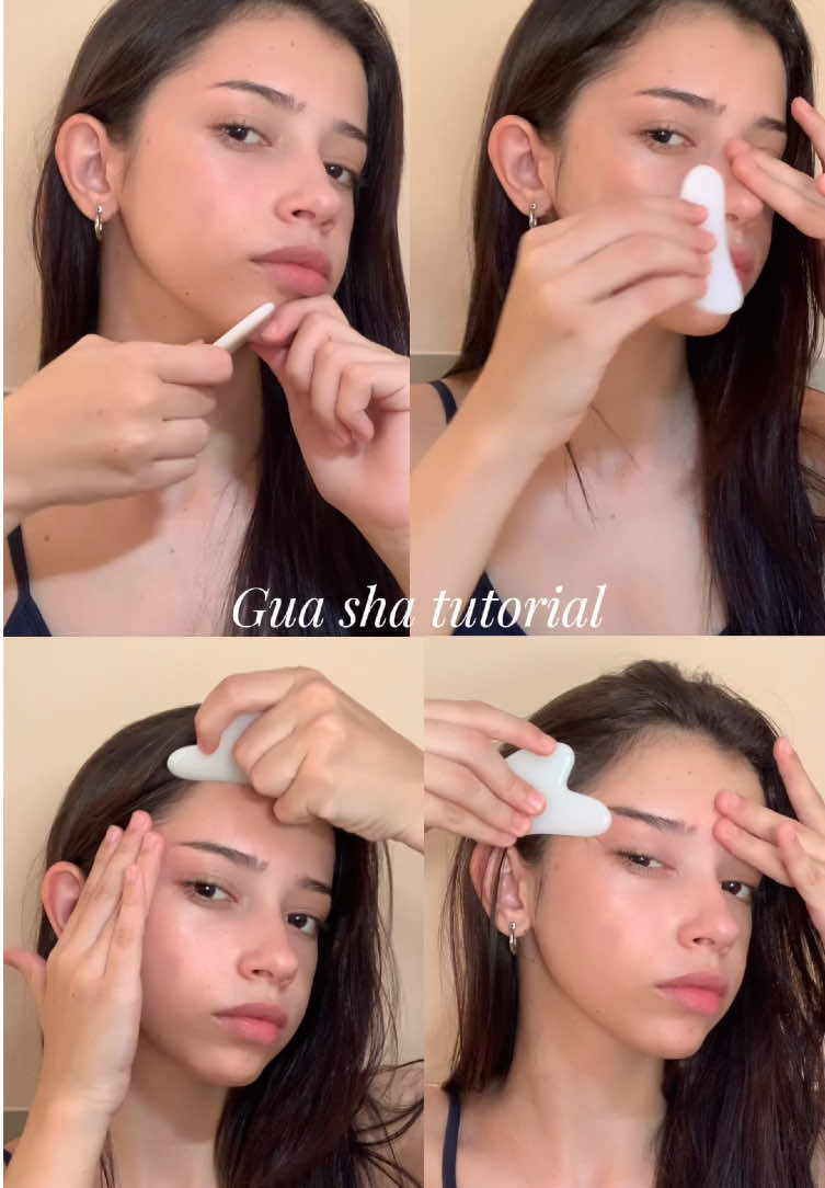As melhores técnicas de gua sha!  1.	Ativa a circulação sanguínea – deixa a pele mais viçosa e iluminada. 	2.	Drenagem linfática natural – ajuda a desinchar o rosto, principalmente pela manhã. 	3.	Define o contorno facial – com o uso constante, melhora a definição do maxilar e das maçãs do rosto. 	4.	Relaxamento muscular – alivia tensões no rosto (testa, mandíbula, têmporas). 	5.	Melhora a absorção de produtos – potencializa o efeito de séruns e óleos. 	6.	Estimula o colágeno – com o tempo, pode deixar a pele mais firme e elástica. 	7.	Ameniza olheiras e bolsas – por estimular a drenagem e circulação na região dos olhos. . . . #guasha #GlowUp #skincare #korea #fyp 