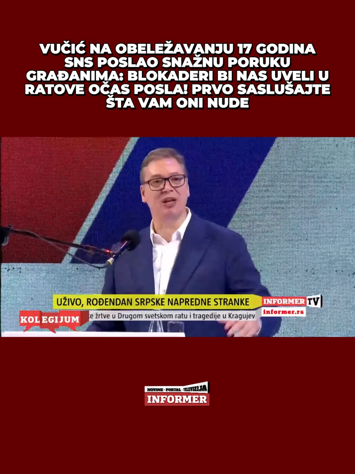 Predsednik Srbije Aleksandar Vučić  govorio je na ceremoniji obeležavanja 17 godina Srpske napredne stranke u Zrenjaninu.  Detaljnije na informer.rs #informertv #informernovine #predsednik #aleksandarvucic #obracanje 