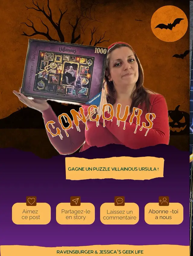 CONCOURS HALLOWEEN Prêt(e) à plonger dans les profondeurs ? En partenariat avec Ravensburger, je te fais gagner un puzzle Villainous – Ursula. Pour participer : 1️⃣ Aime ce post 2️⃣ Abonne-toi à @ravensburgerfr et @jessicasgeeklife 3️⃣ Partage ce post en story en nous identifiant 4️⃣ Dis-nous en commentaire quel méchant Disney est ton préféré Fin du concours le 27 octobre à minuit Tirage au sort et annonce du gagnant ici même Alors, tu rejoins Ursula pour semer le chaos ou tu préfères rester sagement à la surface ? Bonne chance à tous Et rendez-vous demain pour découvrir la suite du calendrier #ConcoursPuzzle #Villainous #Ursula #Ravensburger #puzzletok 