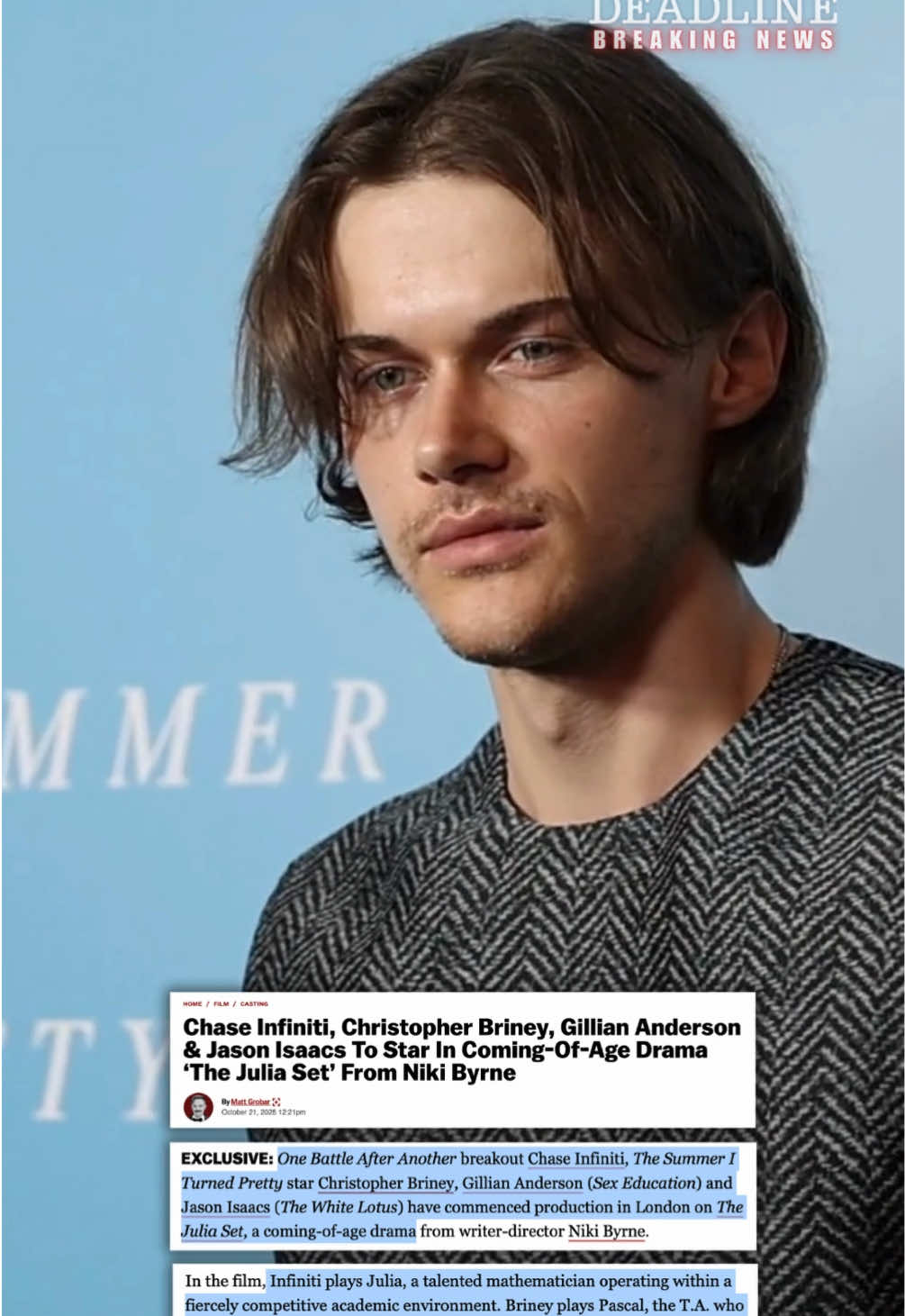 EXCLUSIVE: ‘One Battle After Another’ breakout #ChaseInfiniti, #ChristopherBriney, #GillianAnderson and #JasonIsaacs have commenced production in London on ‘The Julia Set,’ a coming-of-age drama from writer-director Niki Byrne.  More details online at the link in bio. 