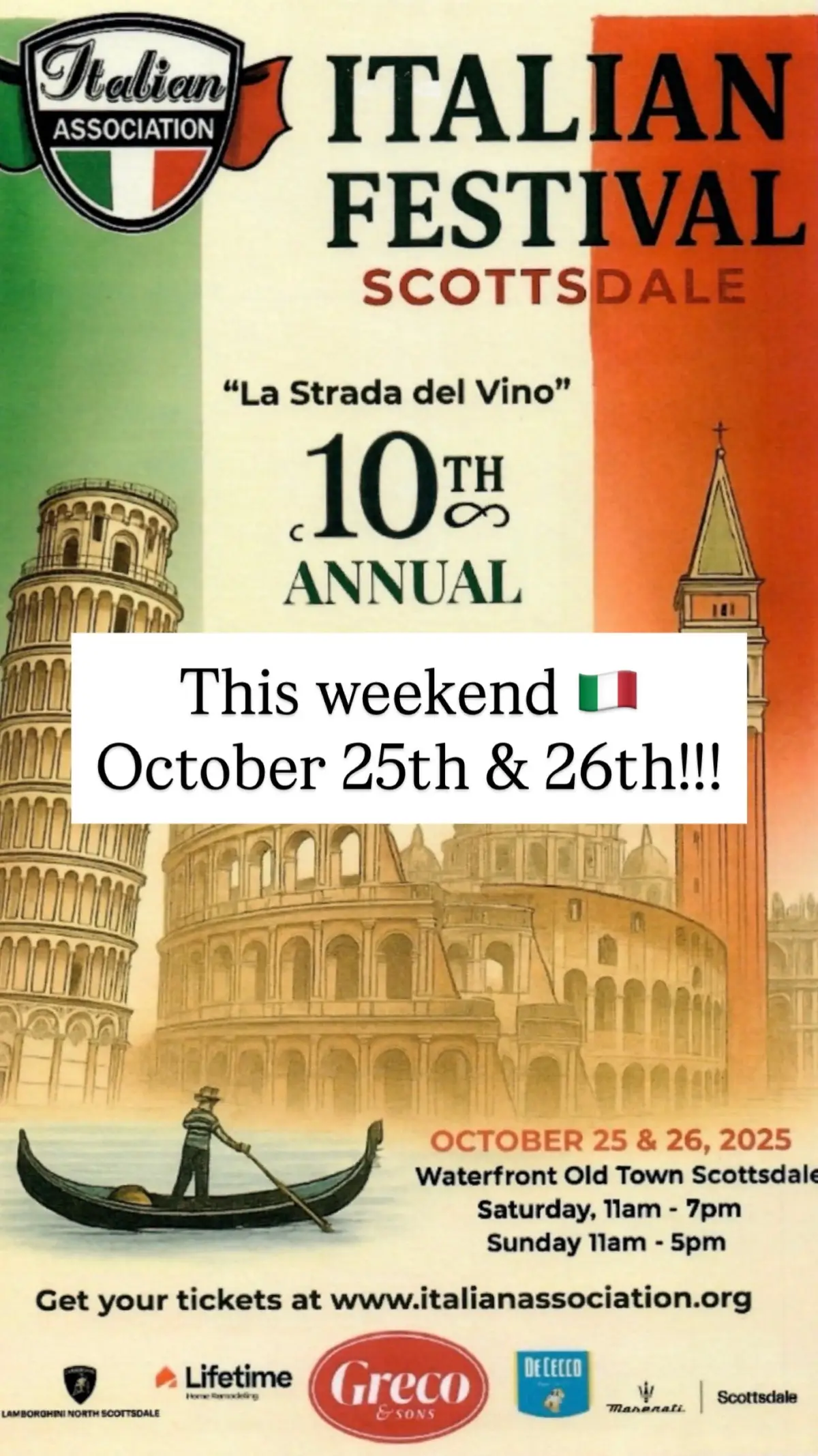 In celebration of this milestone, Salvatore Ferragamo Jr., grandson of the legendary fashion designer Salvatore Ferragamo, renowned for his Italian luxury brand, will present and sell wines from his two Tuscan wineries, alongside other vendors offering a diverse selection of wines from various Italian regions. Tons of food vendors will be there including some new places in the valley;  Élephante, Luna by Giada, Virtu Honest Craft, Mamma Lucy, POMO Pizzeria and more. Plus, live entertainment, merchandise and kitchen staples to purchase, as well!  #italianfestival #scottsdalearizona 