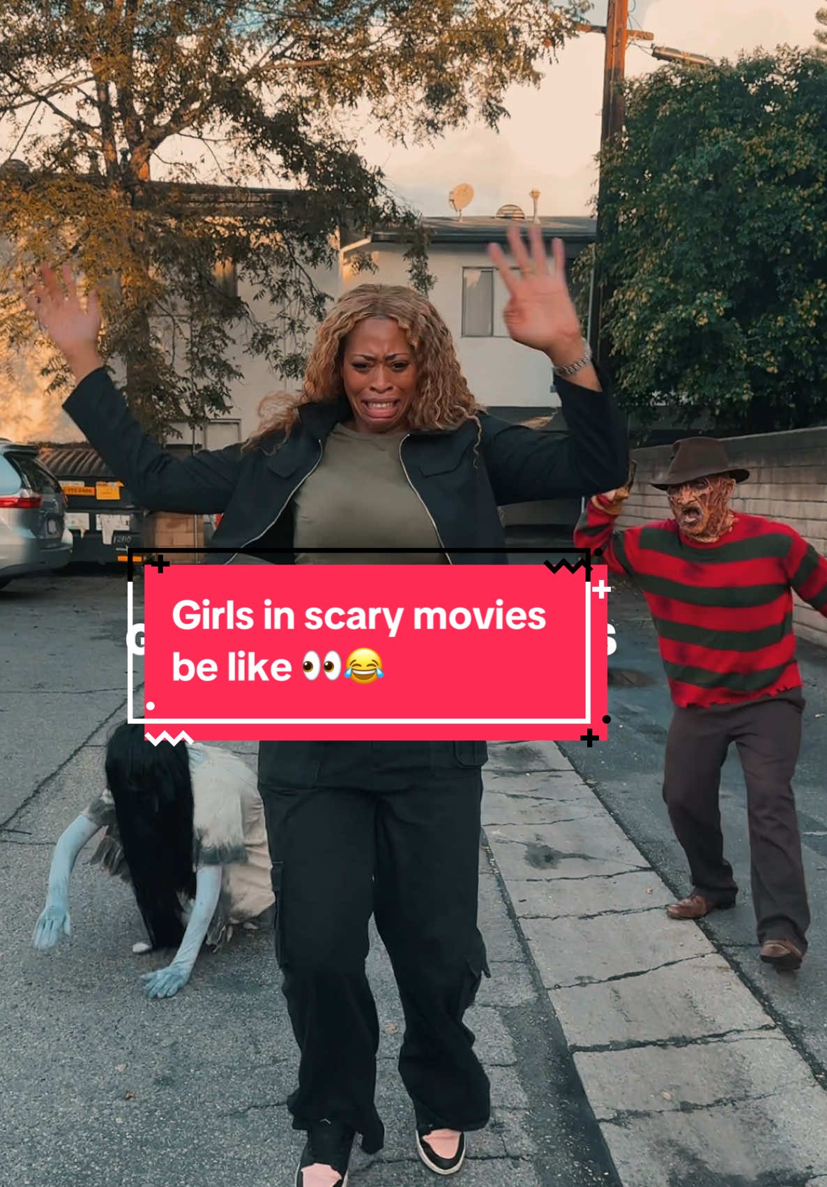 We gotta do what we gotta do to survive 😂🍑  Would you hype her up or run? 👀 #Relatable #FreddyKrueger #samara #comedyvideo #Halloween  Girls be like IRL If horror movies were realistic  