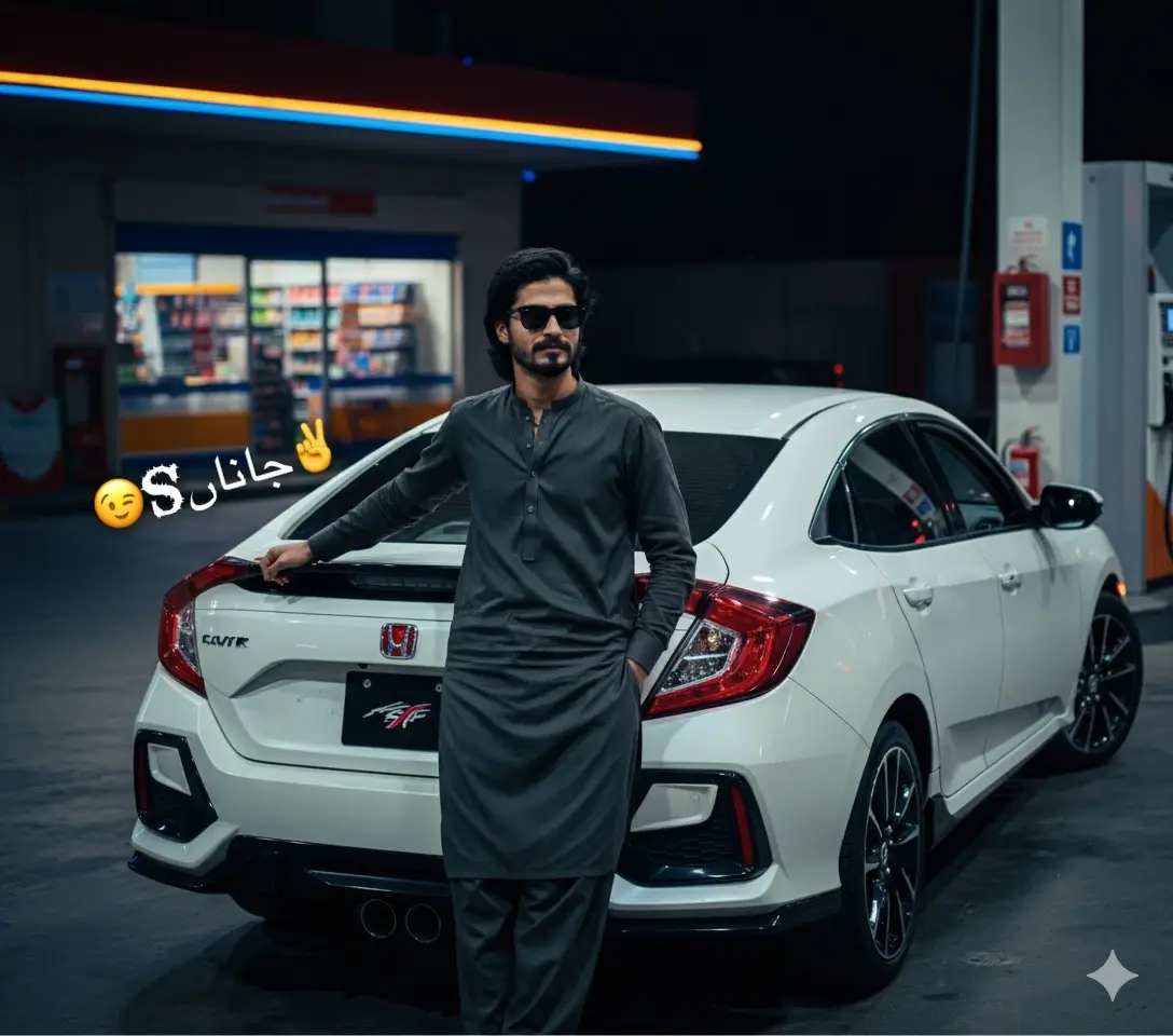 Cinematic photorealistic 8K. White Civic RS Turbo stopped at a petrol pump. The man in dark shalwar kameez with black sunglasses stands near the rear of the car, one hand casually in pocket, the other on the roof. Neon reflections highlight his outline. The face must stay identical to reference photo no edit, no change, no filter at all.Make Sure the face is 100% same as in the reference #trending #viralvideo #fyp #gemini #viral 