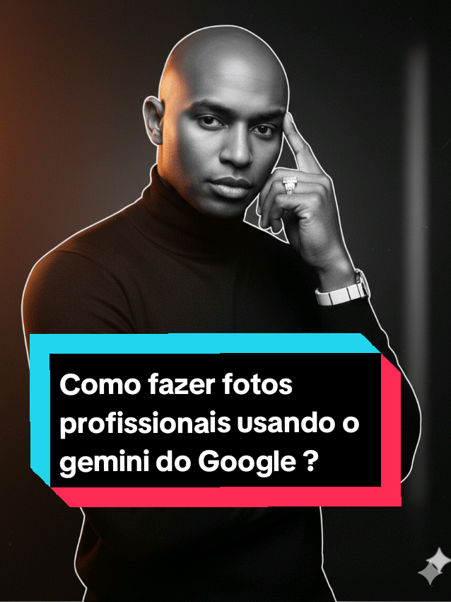 #gemini #ensaiofotografico #masculino #foryoupagе  #creatorsearchinsights  Descubra como transformar suas fotos com os PROMPTS certos! Inspirações de fotos para fazer na lA GEMINI Fotos naturais e realistas! Texto para foto de ia modelo Trend viral Gemini Prompt para foto de ia Masculino create a new image based on the provided photo of the man, keeping 100% of his real face, skin texture, and expression exactly as in the original image, without any digital modification, smoothing, or stylization. Recreate him posing exactly like in the second reference photo: body slightly leaning left, face turned ¾ toward the camera, right shoulder slightly higher and closer to the lens, left arm crossing the body to support the right elbow, right hand raised with index finger touching the temple naturally. He is wearing a black fitted turtleneck sweater with long sleeves. Replace his ring with a luxury contemporary white gold ring featuring a central cut diamond, and add a discreet, polished white gold bracelet on the left wrist reflecting studio light. The lighting setup: key light from the upper left of the camera, strong highlight on the left side of the face, deep shadow on the right. Add a subtle vertical beam of diffused light on the right background side. Keep the background fully dark, with a soft gradient of diffuse light on the right edge. Apply a soft orange diffuse light warming only the left half of the image, while the right half stays pure black and white for an artistic duality effect. Render in ultra-realistic, high-contrast black and white with fine analog film grain, extremely sharp details, and subtle film texture — resolution 8K, ratio 4:5, mid-close horizontal framing (bust and head). The photo should look like a professional studio portrait taken with a Hasselblad H6D-100c or Sony Alpha 7R V using an 85 mm f/1.8 lens from 1.3 m distance. Add a thin continuous white contour frame around the composition, giving it a minimalist editorial look. Final style: cinematic black-and-white portrait with Vogue Noir / GQ Cinematic aesthetic — powerful, elegant, introspective, and magnetic.
