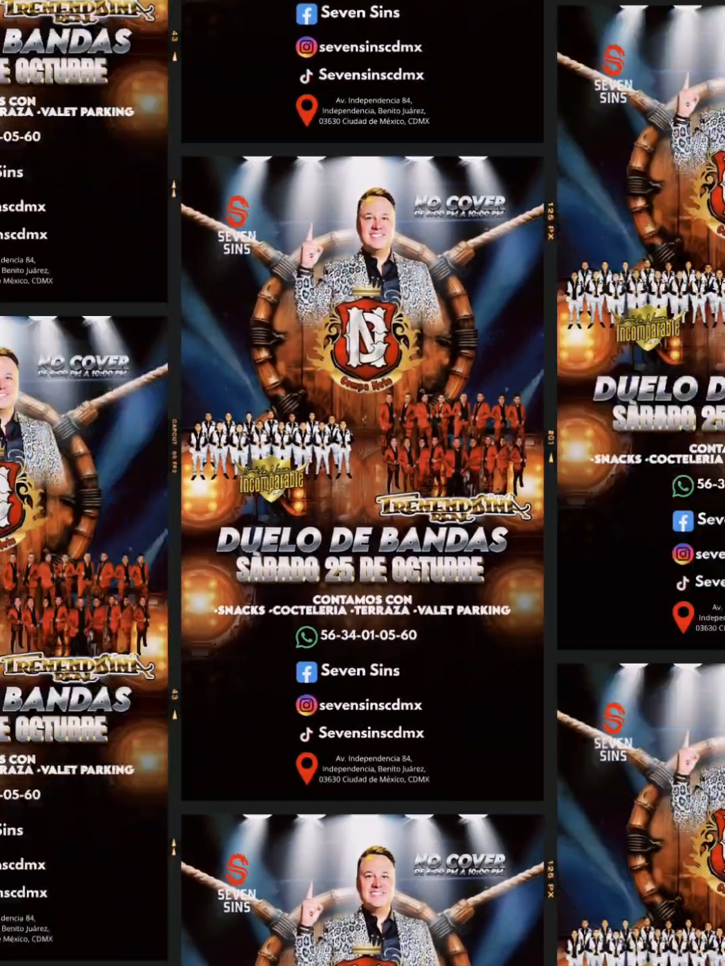 🎺🔥 ¡Este sábado se enciende la noche en Seven Sins! 🔥🎺 Prepárate para un gran Duelo de Bandas con el inigualable Ernesto Cotera  encabezando el show 🎶 💥 En el escenario: 🎵 Banda La Nueva Incomparable 🎵 Banda la Tremendisima Real de Roberto Estrada  Una noche llena de música, ambiente y energía norteña que no te puedes perder. 💃🕺 ✅ NO COVER De 6:00 P.M. a 10:00 P.M. 📲 RESERVA VÍA INBOX O AL  5634010560 COVER GENERAL $80 DESPUES DE LAS 10:00P.M. 🔥PROMOS DE LITROS Y SNAKS🔥  de 6:00 P.M. a 10:00 P.M. ✅ LITROS DE MOJITOS, CANTARITOS, AZULITOS Y SEVEN PUNCH. $120 ✅ TARRO GRANDE DE CERVEZA. $85 (No incluye micheladas o cubanas). ✅ Alitas (Orden 10pz) $120 🍖🍖🍖 (Red hot, mango habanero, bbq y Jamaica). ✅ Tacos de bistec $100 🌮🌮🌮 ✅ Pizzas $90 🍕🍕🍕 (Pepperoni, Chilaquiles y 3 Quesos) . 📍Av. Independencia 84, Benito Juárez, CDMX