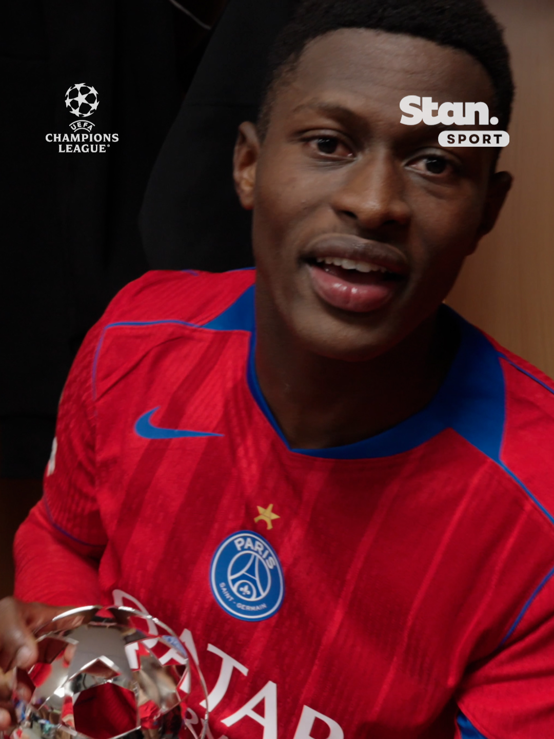 Nuno Mendes collected another Player of the Match award for PSG and he wasn’t letting anyone forget it 🤣🇵🇹 Best left back in the world. Who says no? ↳ UEFA Champions League. Live & Exclusive on Stan Sport. #StanSportAU #UCL #Football