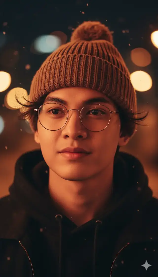 Potret close-up seorang pria muda (foto terlampir) dengan ekspresi lembut dan tenang di malam hari. Ia mengenakan topi rajut berwarna mocca dengan pom-pom di atasnya, kacamata bundar tipis bergaya vintage, dan jaket hoodie gelap. Rambutnya terurai sebagian di bawah topi, sedikit tertiup angin dingin. Latar belakang menampilkan bokeh cahaya kuning keemasan dari lampu kota yang menciptakan suasana hangat dan romantis. Butiran salju kecil tampak melayang di udara, menambah kesan musim dingin yang tenang. Gaya fotografi sinematik dengan depth of field sempit, pencahayaan lembut, tone warna hangat-kejinggaan, detail kulit realistis, dan atmosfer melankolis yang menenangkan. #ai #gemini #prompt #viral #fyp 